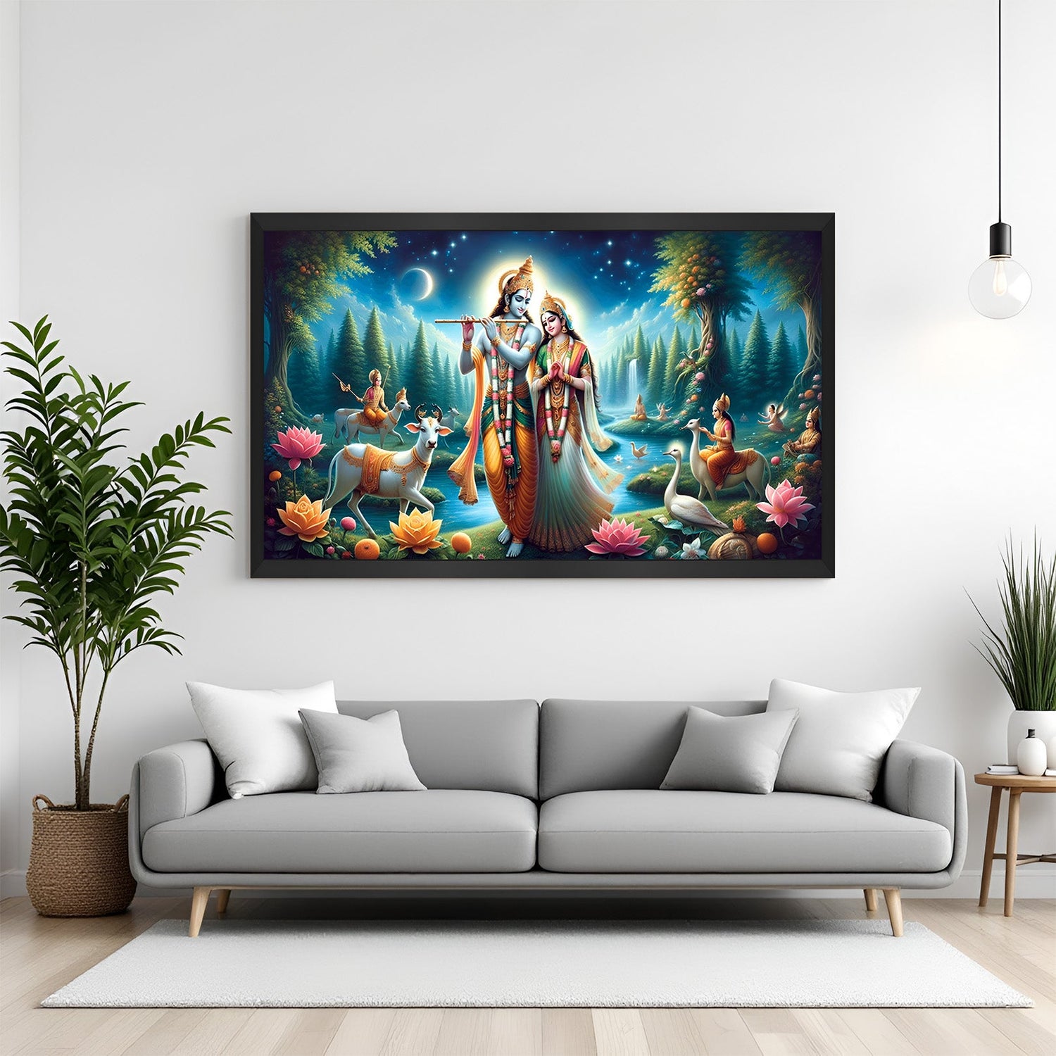 Radha Krishna canvas painting in black floater frame for bedroom with vastu energy, romantic symbolism, and soothing tones for deep emotional peace