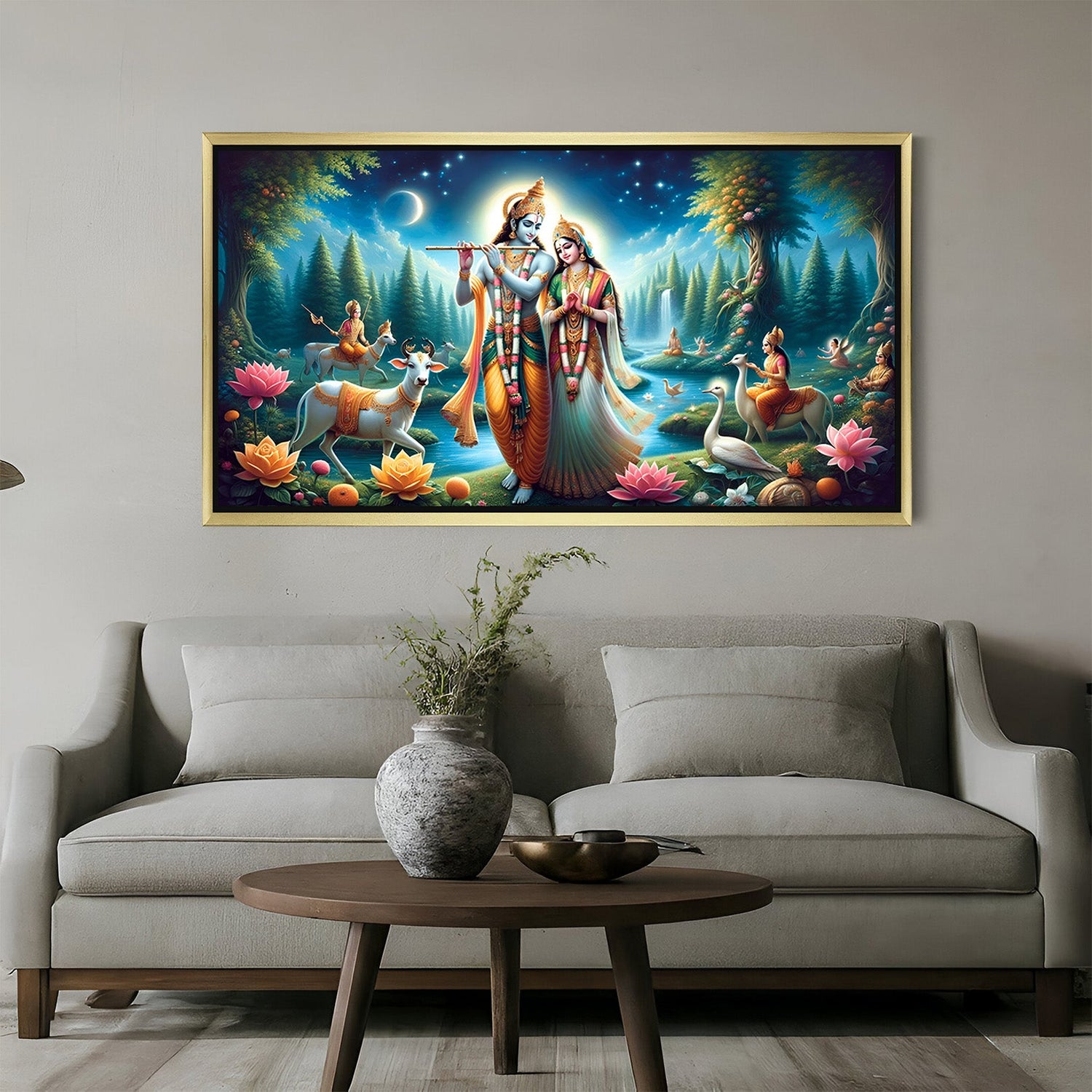 Radha Krishna vastu canvas wall art in golden floater frame for bedroom featuring spiritual harmony, divine love, and traditional Indian elegance