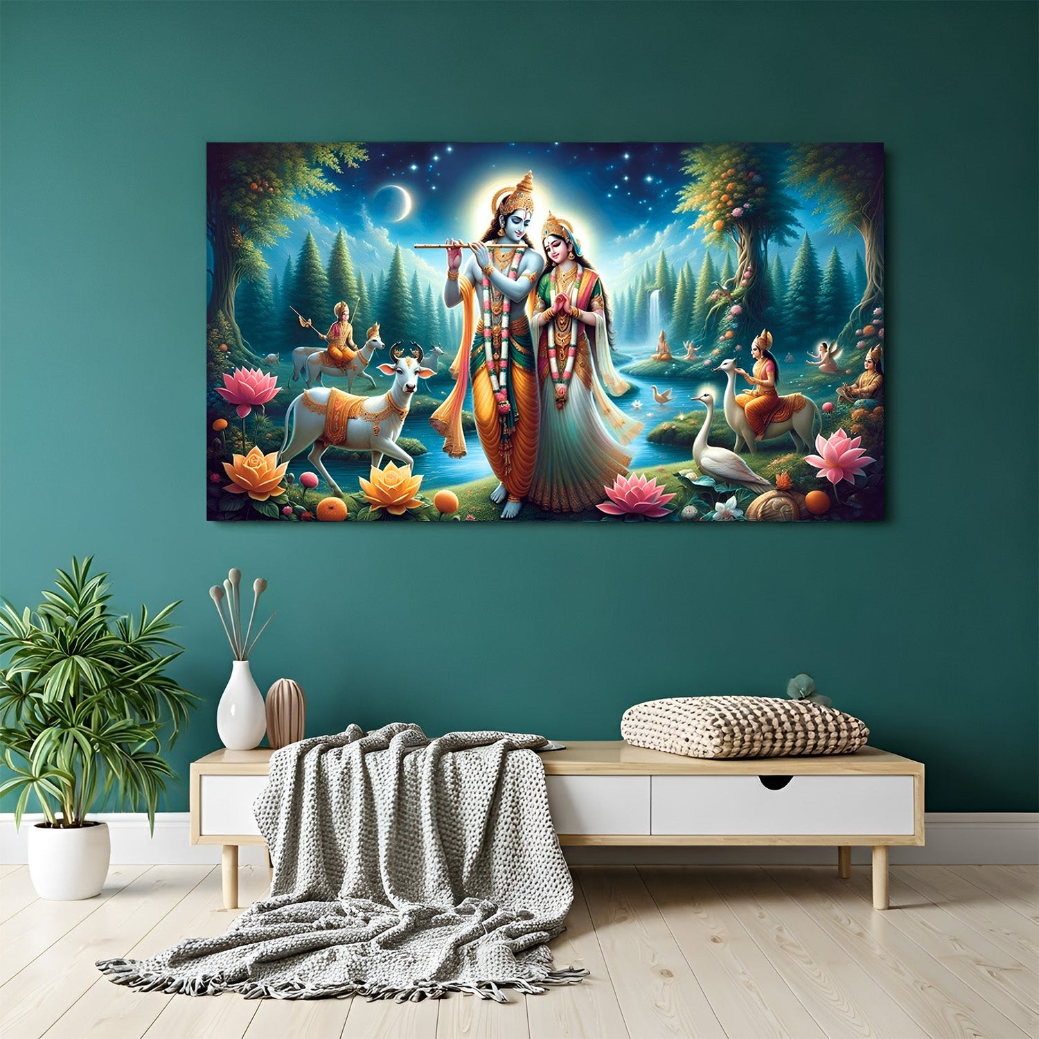 Radha Krishna bedroom vastu wall art with divine love and harmony energy, perfect for peaceful bedroom decor and vastu-aligned emotional balance