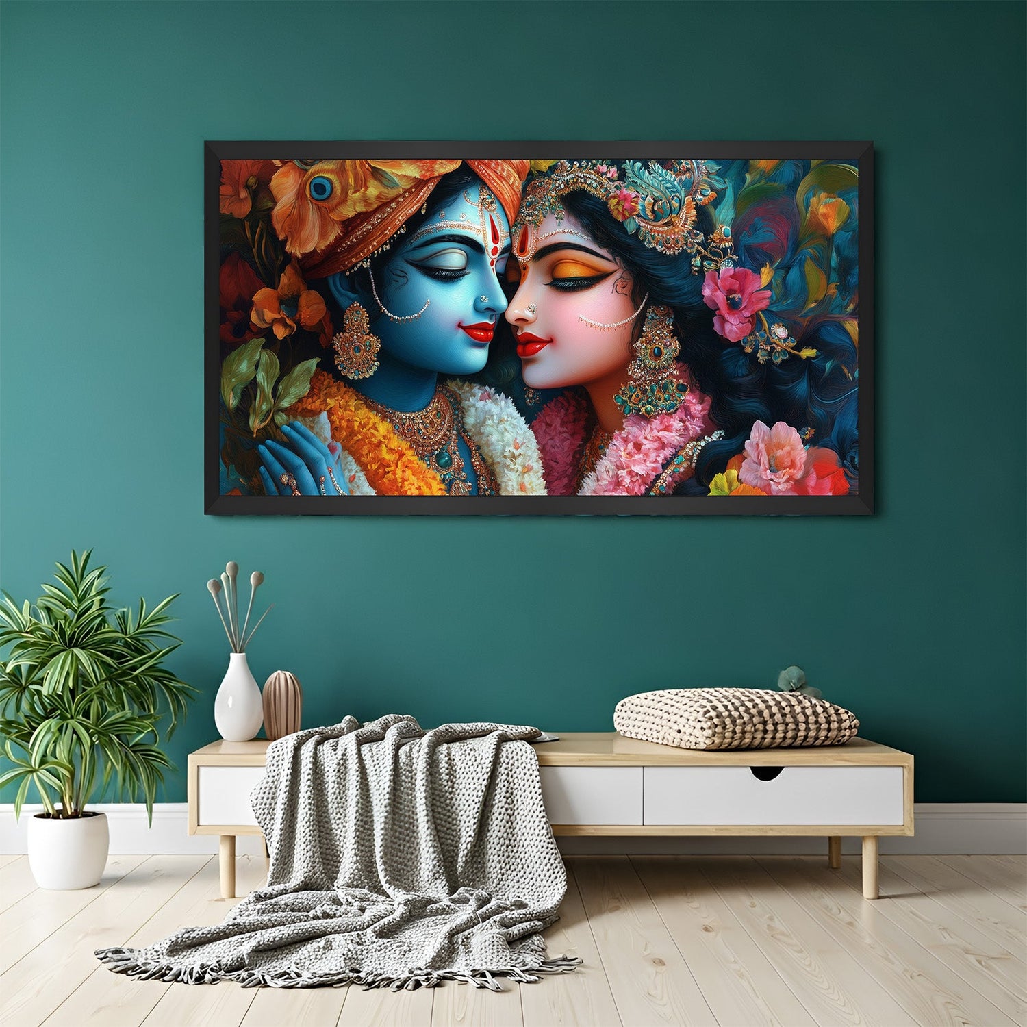 Radha Krishna canvas wall painting in black floater frame for bedroom Vastu and home decor