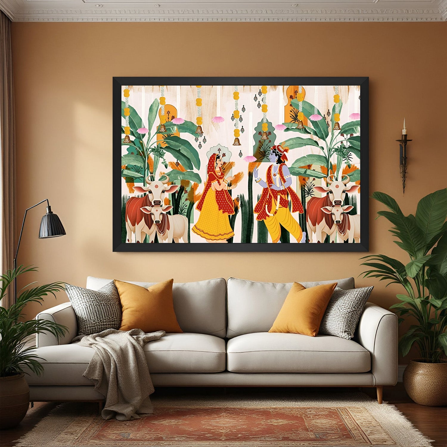 Black frame Radha Krishna canvas painting – spiritual Indian wall decor for modern and traditional interiors