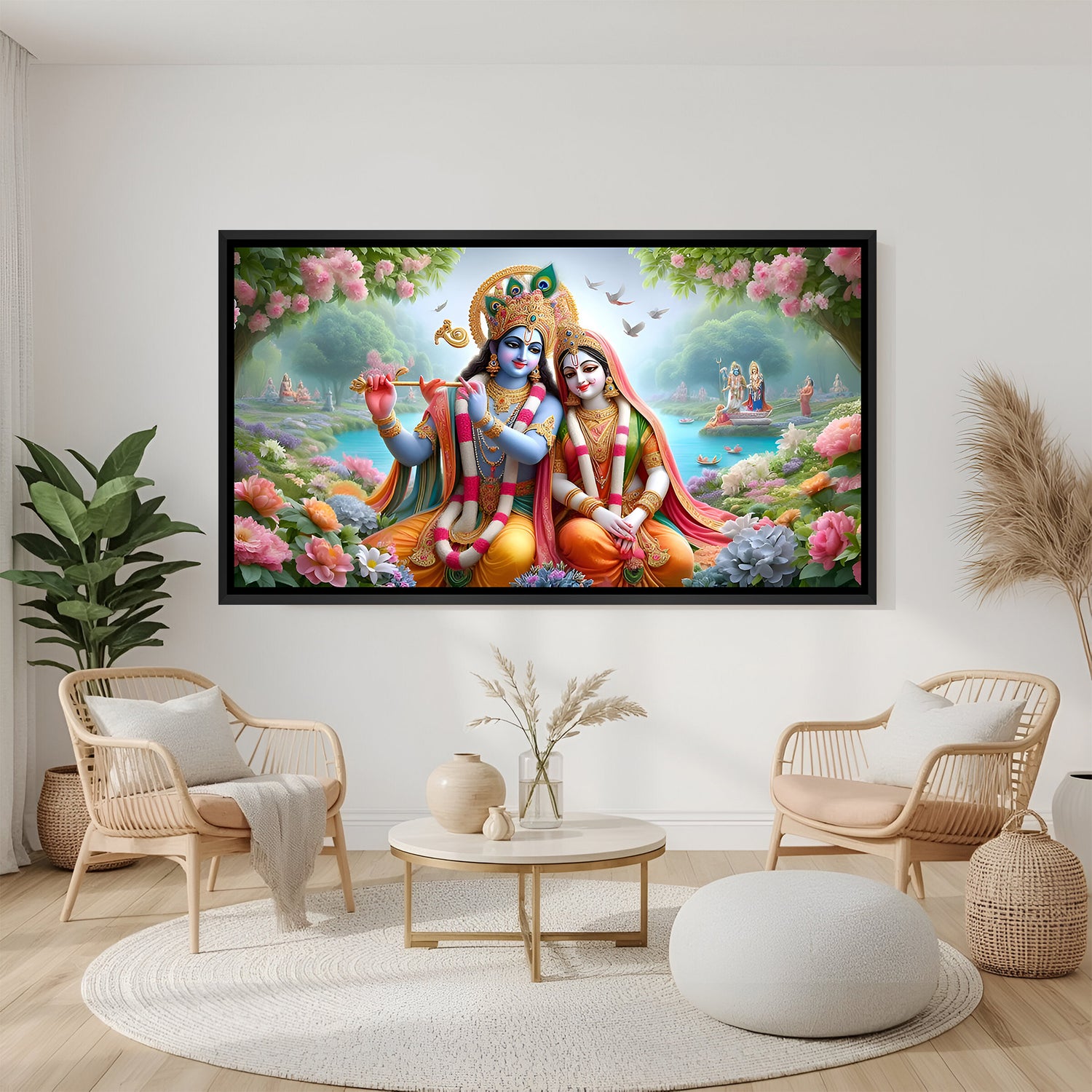Radha Krishna canvas art in antique gold frame - elegant temple wall decor