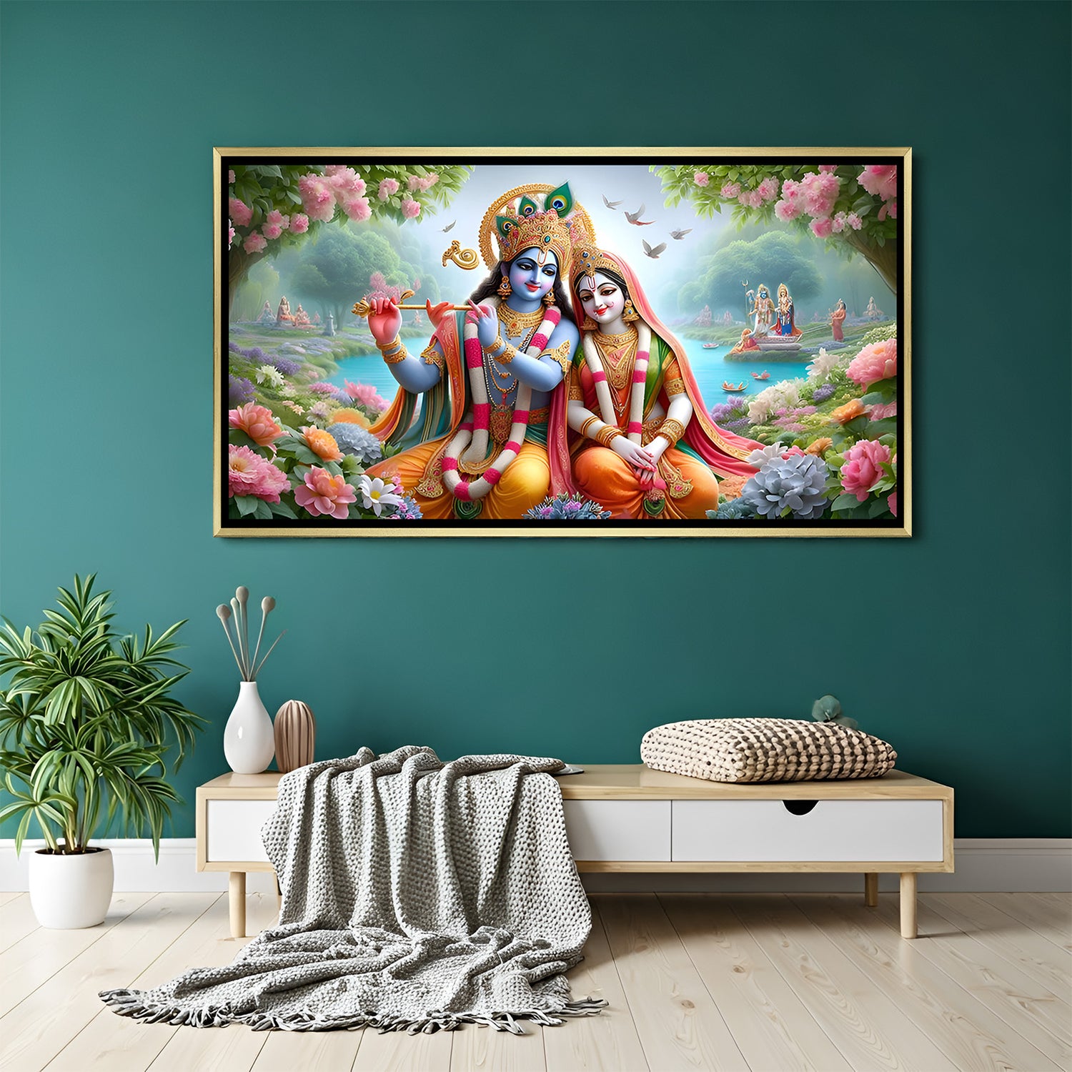 Rosewood framed Radha Krishna print - traditional Indian spiritual artwork