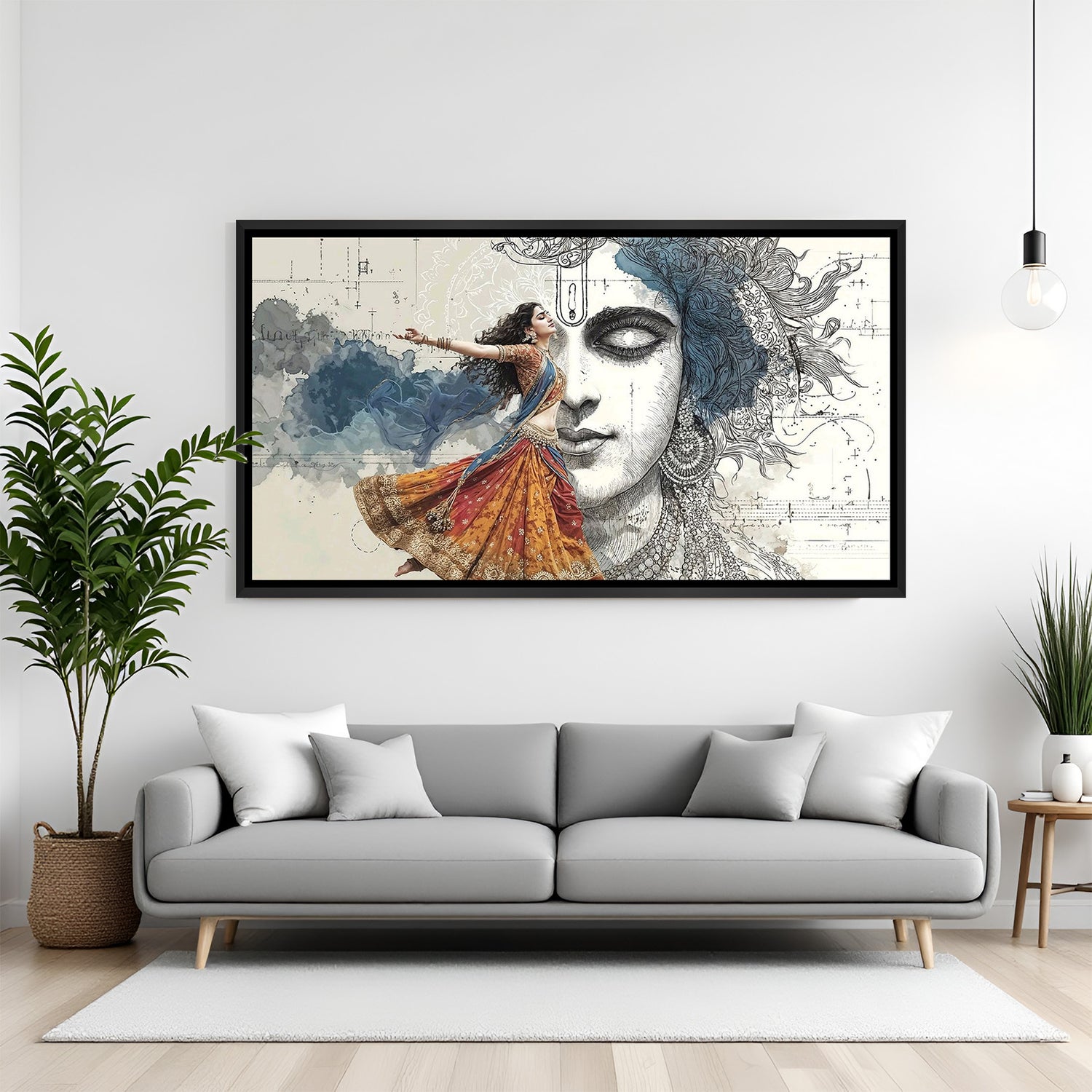 Radha Krishna dance artwork in elegant black frame for living room spiritual decor