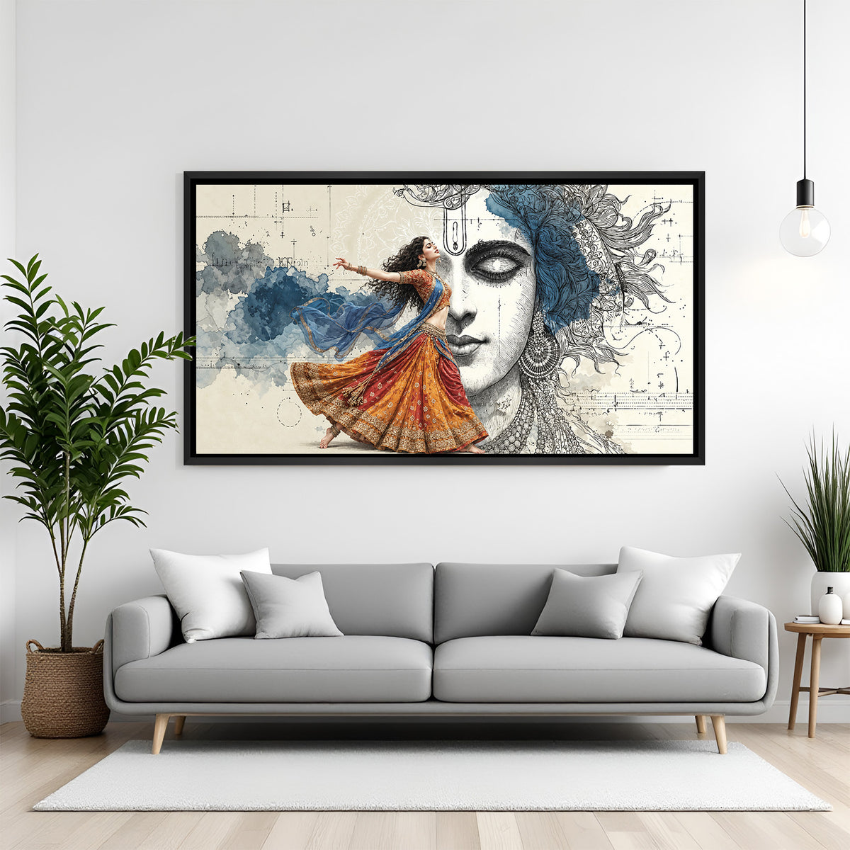 Radha Krishna dance artwork in elegant black frame for living room spiritual decor