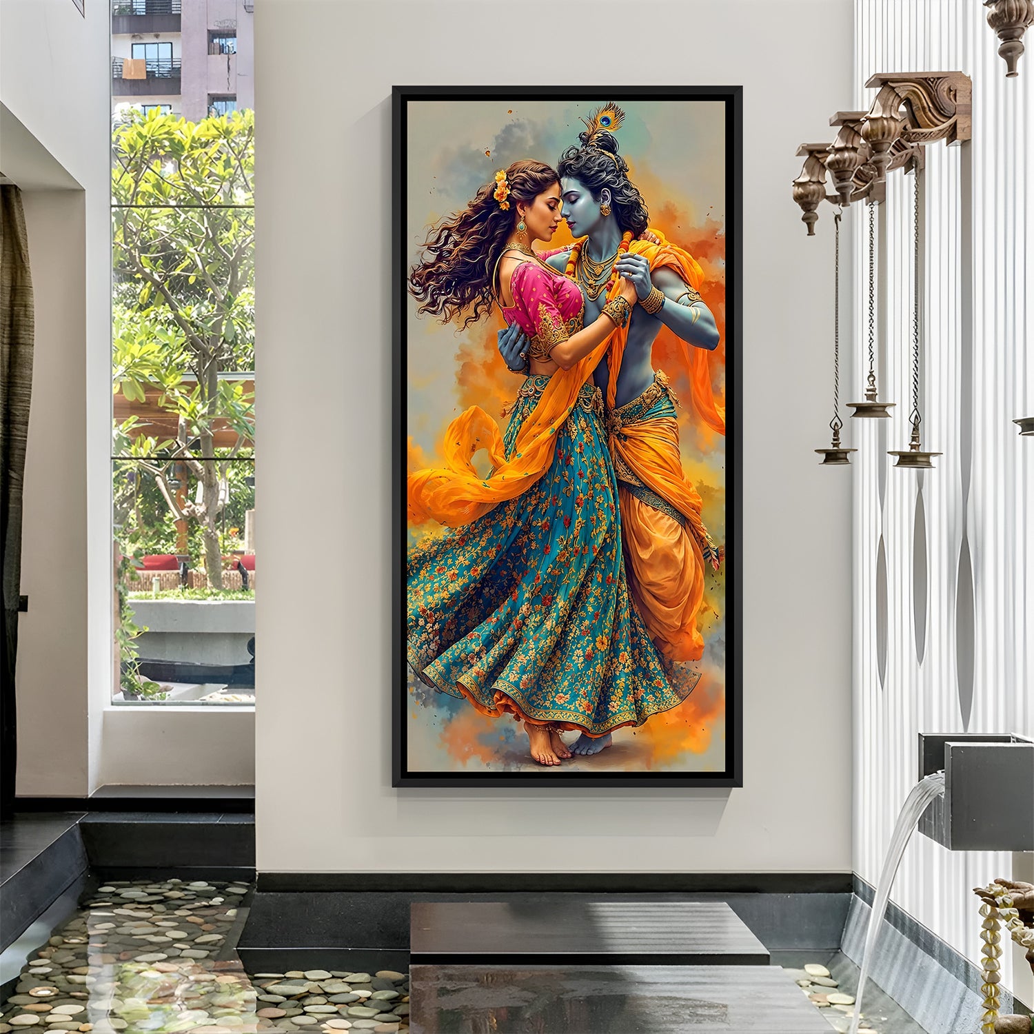 Framed Radha Krishna dance artwork for hallway or staircase décor.