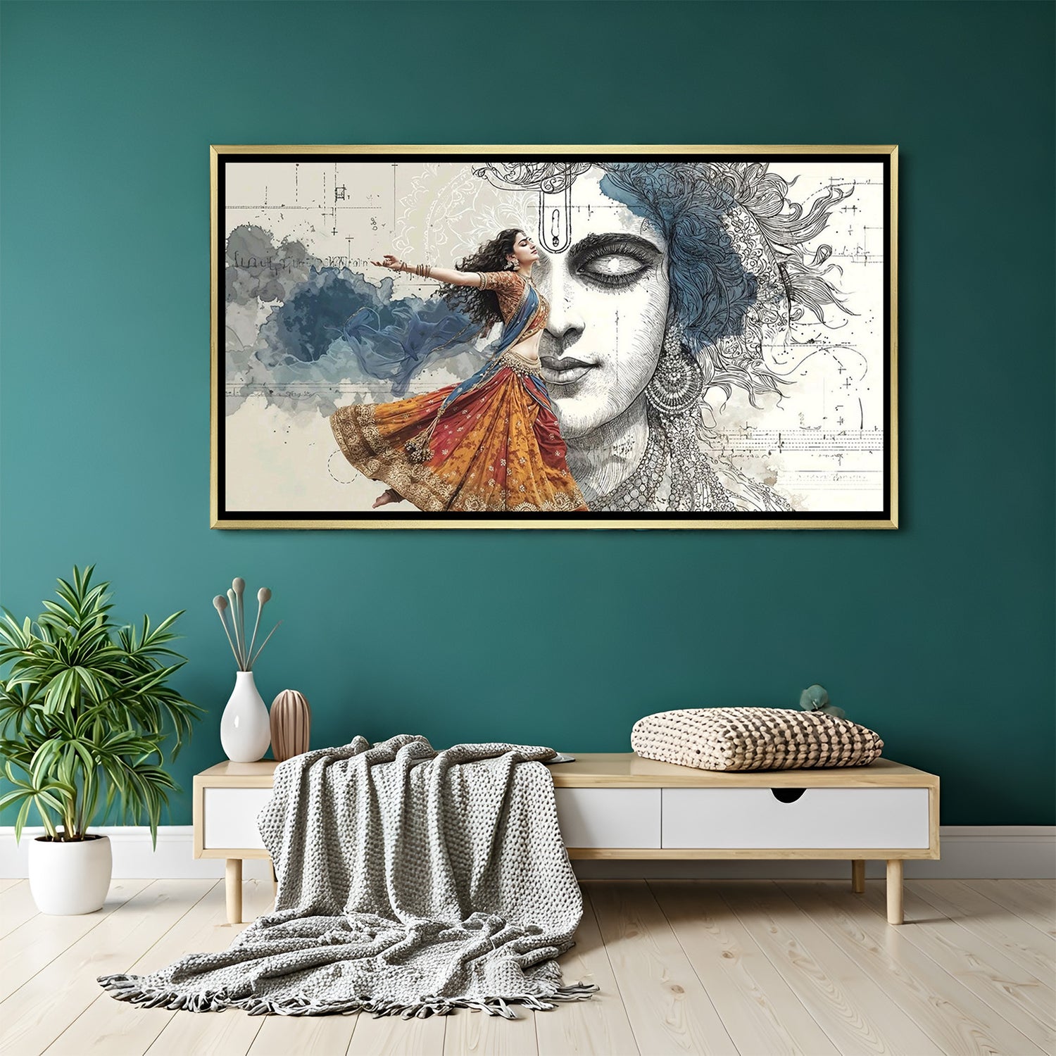 Radha Krishna wall art in golden frame representing divine love positive vibes and vastu harmony