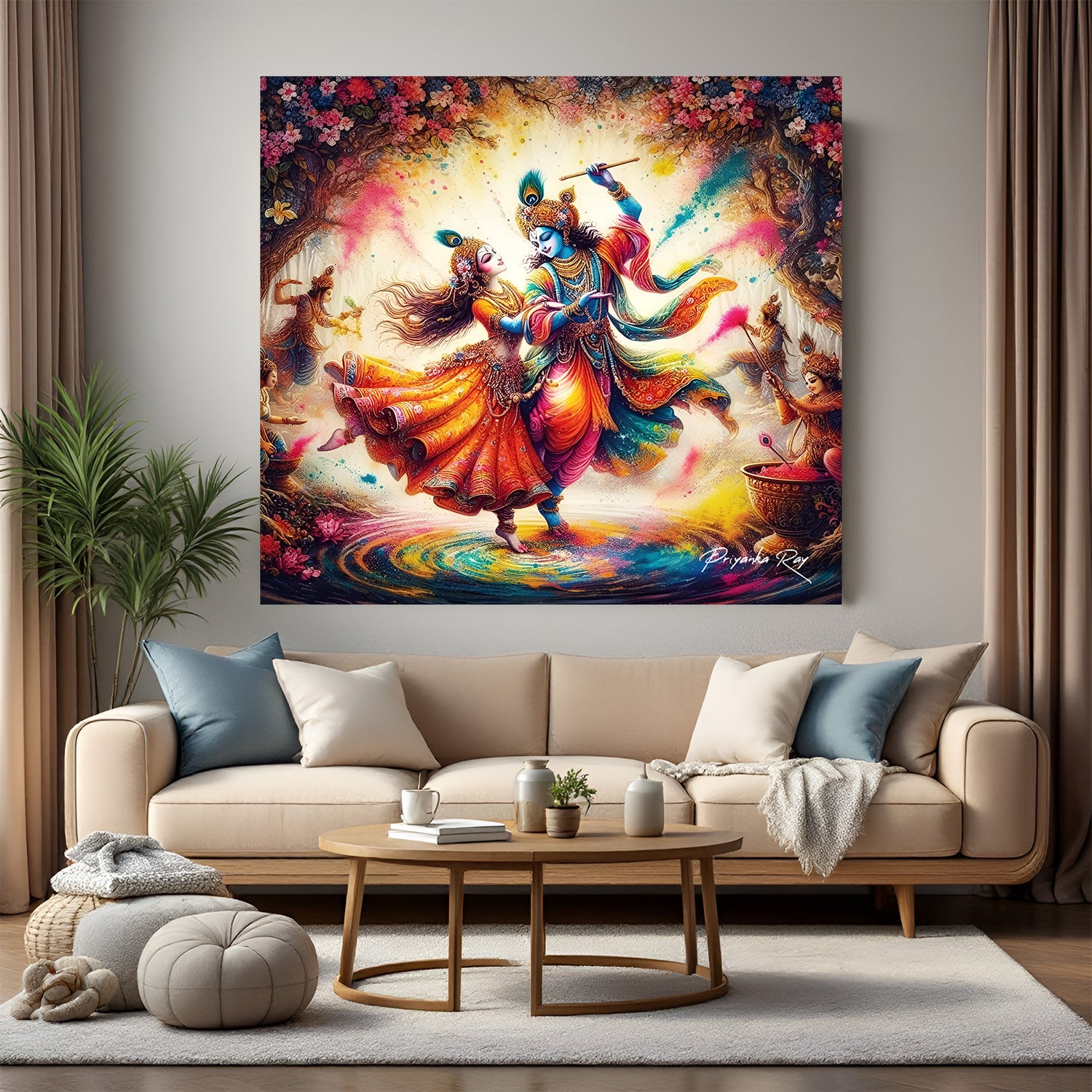 Radha Krishna dancing couple unframed canvas art – divine romantic wall decor