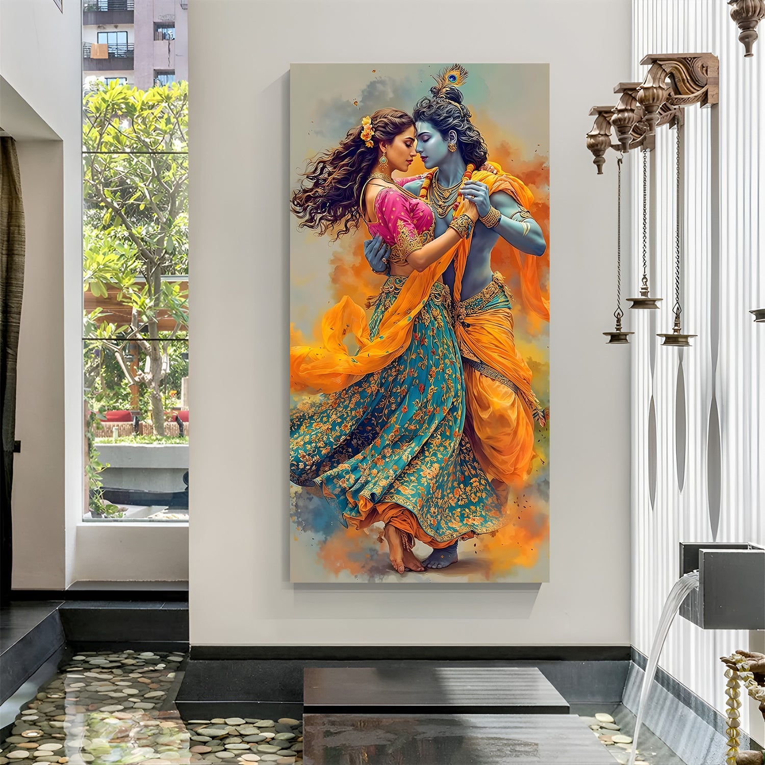 Vertical Radha Krishna dancing canvas wall art with flowing orange and teal garments.