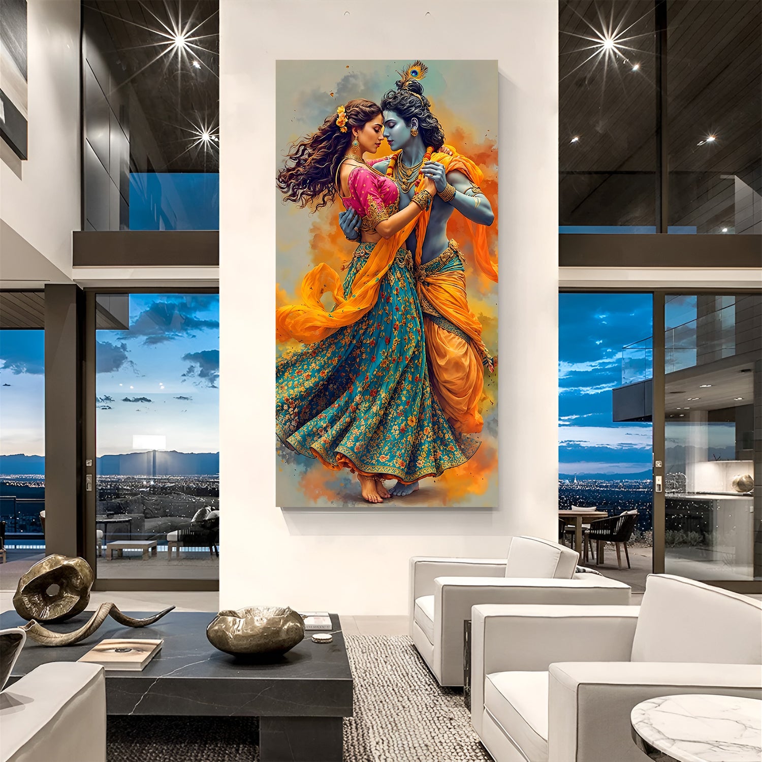 Vertical Radha Krishna dancing canvas wall art with flowing orange and teal garments.