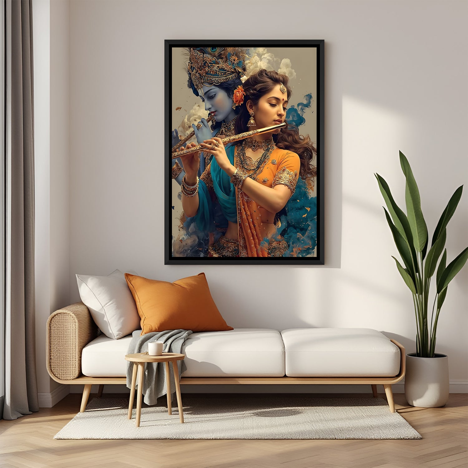 Framed Radha Krishna flute wall art in black frame displayed above modern bedroom bed.