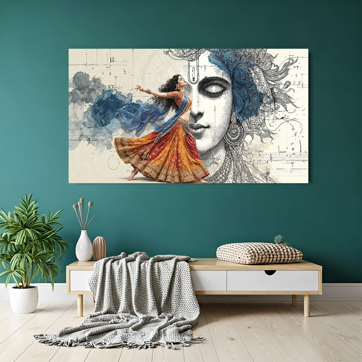 Radha Krishna divine dance canvas wall art symbolizing love devotion and harmony for home decor