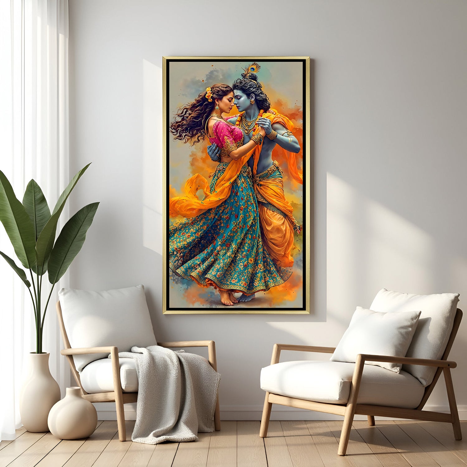 Elegant gold framed Radha Krishna vertical devotional wall art.