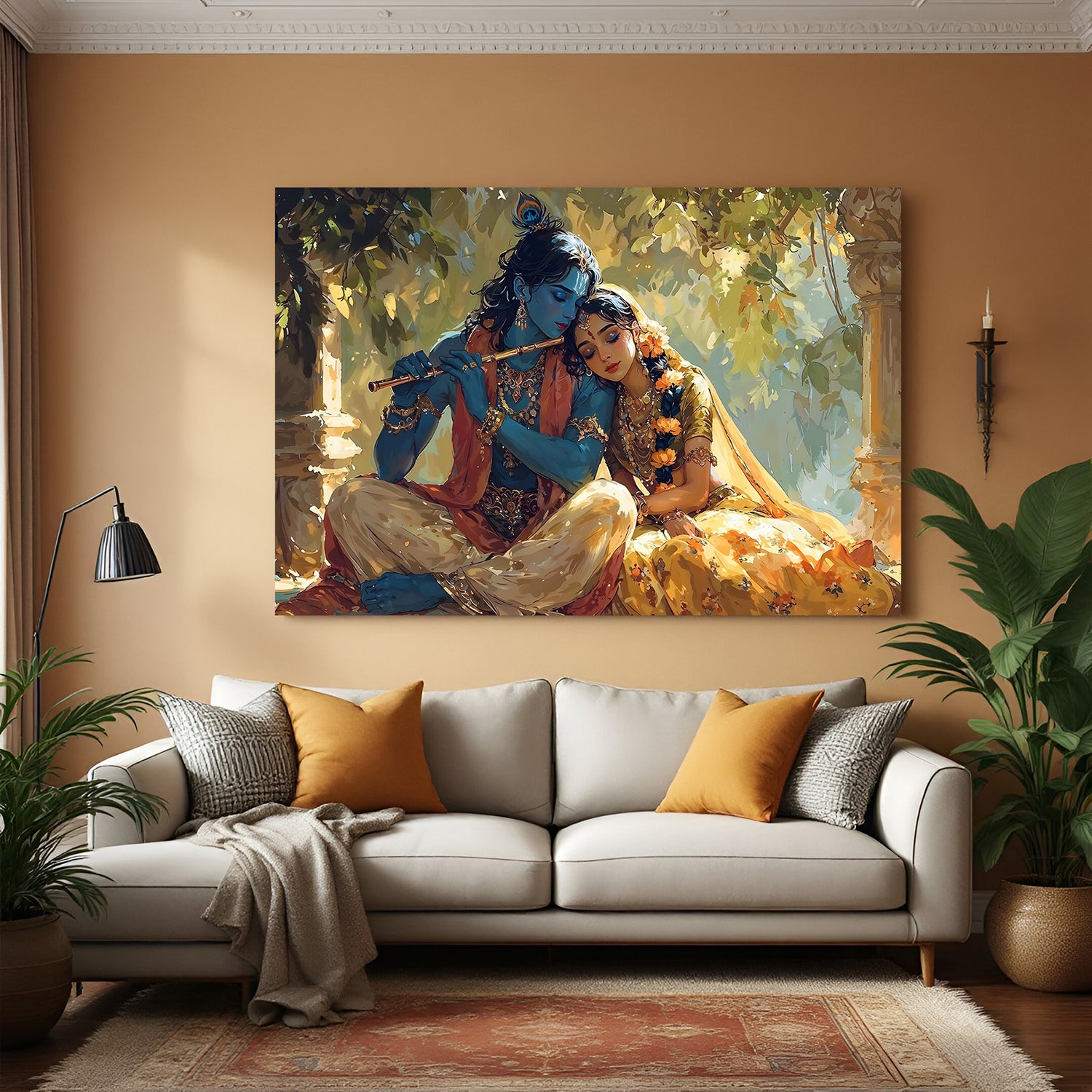 Radha Krishna canvas wall art with Krishna playing flute under golden tree light.