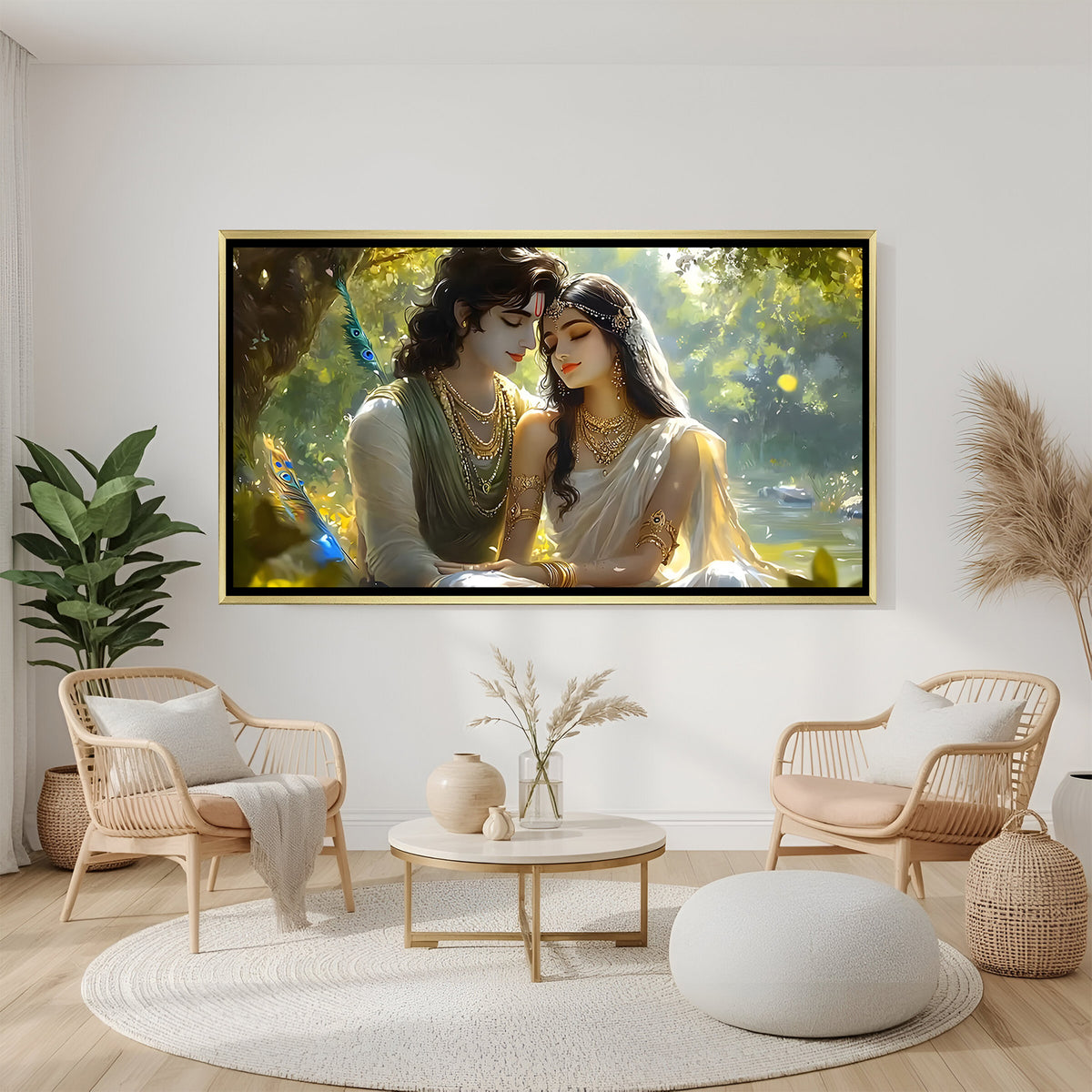 Elegant Radha Krishna wall art in gold frame featuring romantic forest background and peacock feather detail.