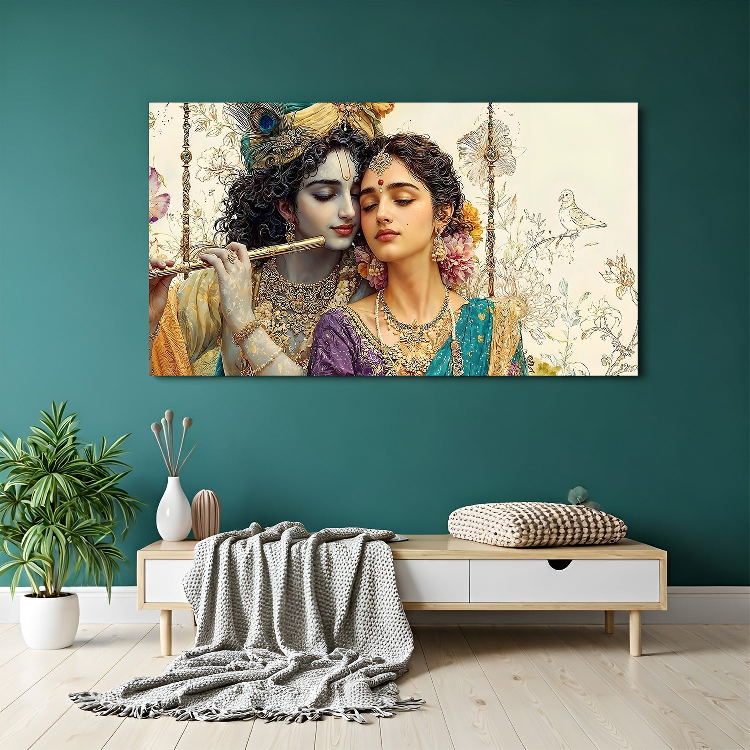 Panoramic Radha Krishna wall art with Krishna playing flute and intricate jewelry details.