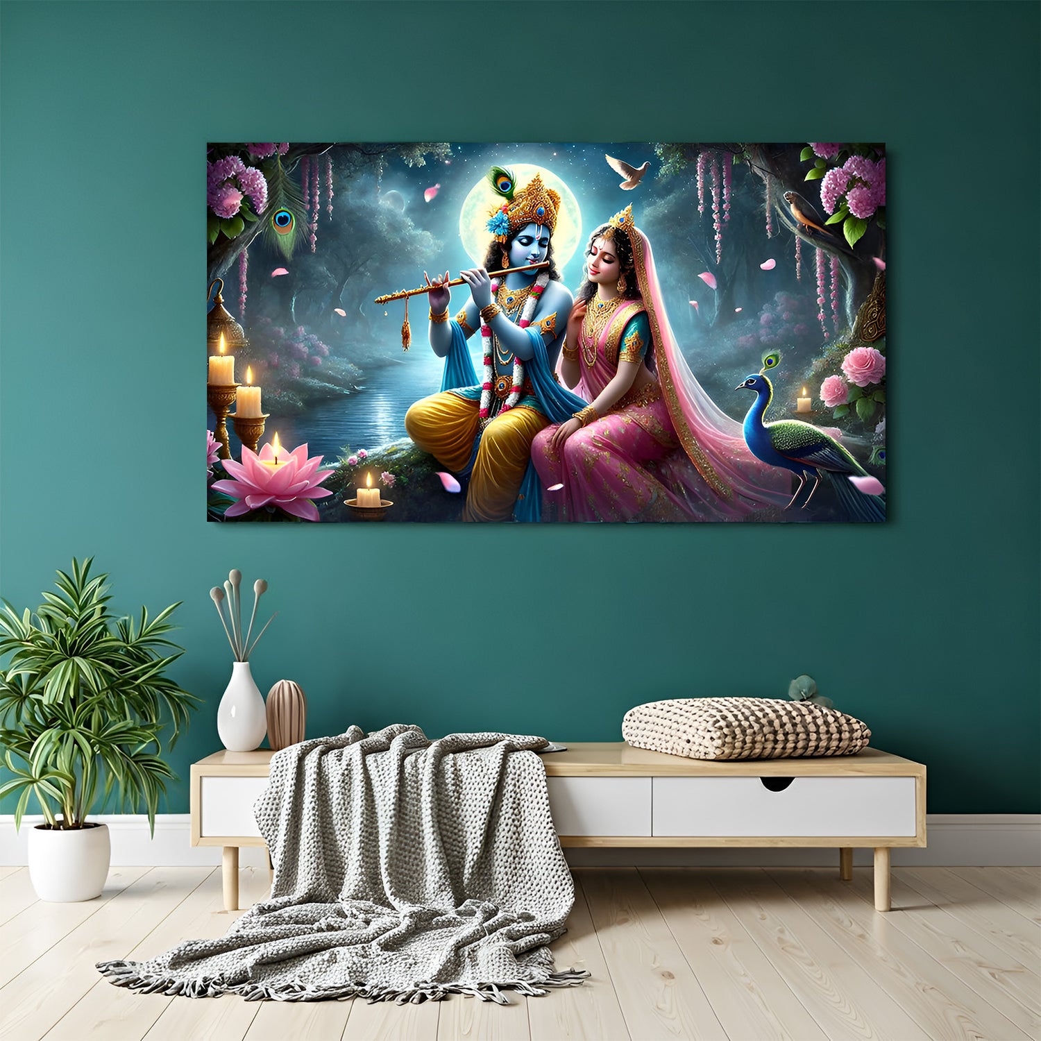 Traditional Radha Krishna canvas art – divine couple spiritual wall decor for puja rooms