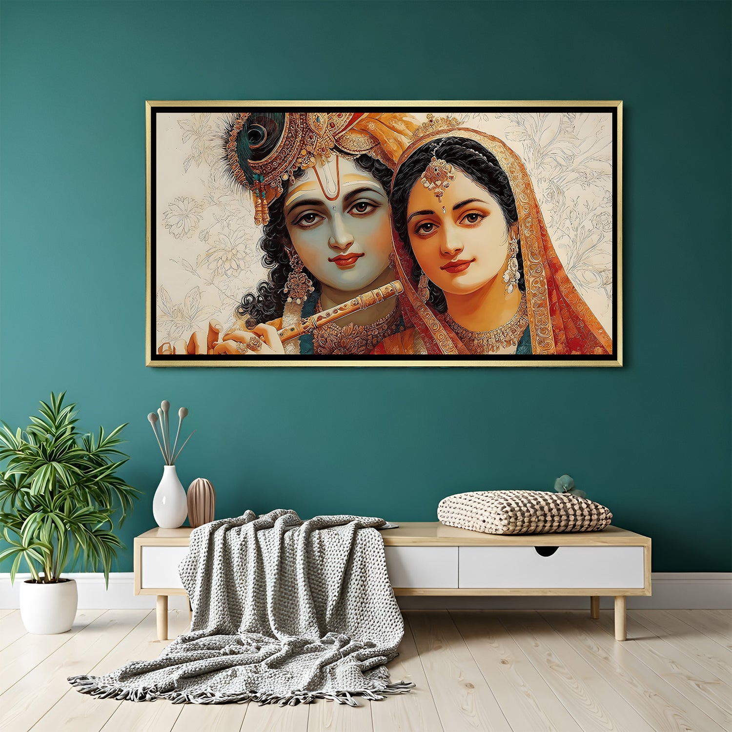 Elegant Radha Krishna wall art in gold frame with soft ivory floral background.