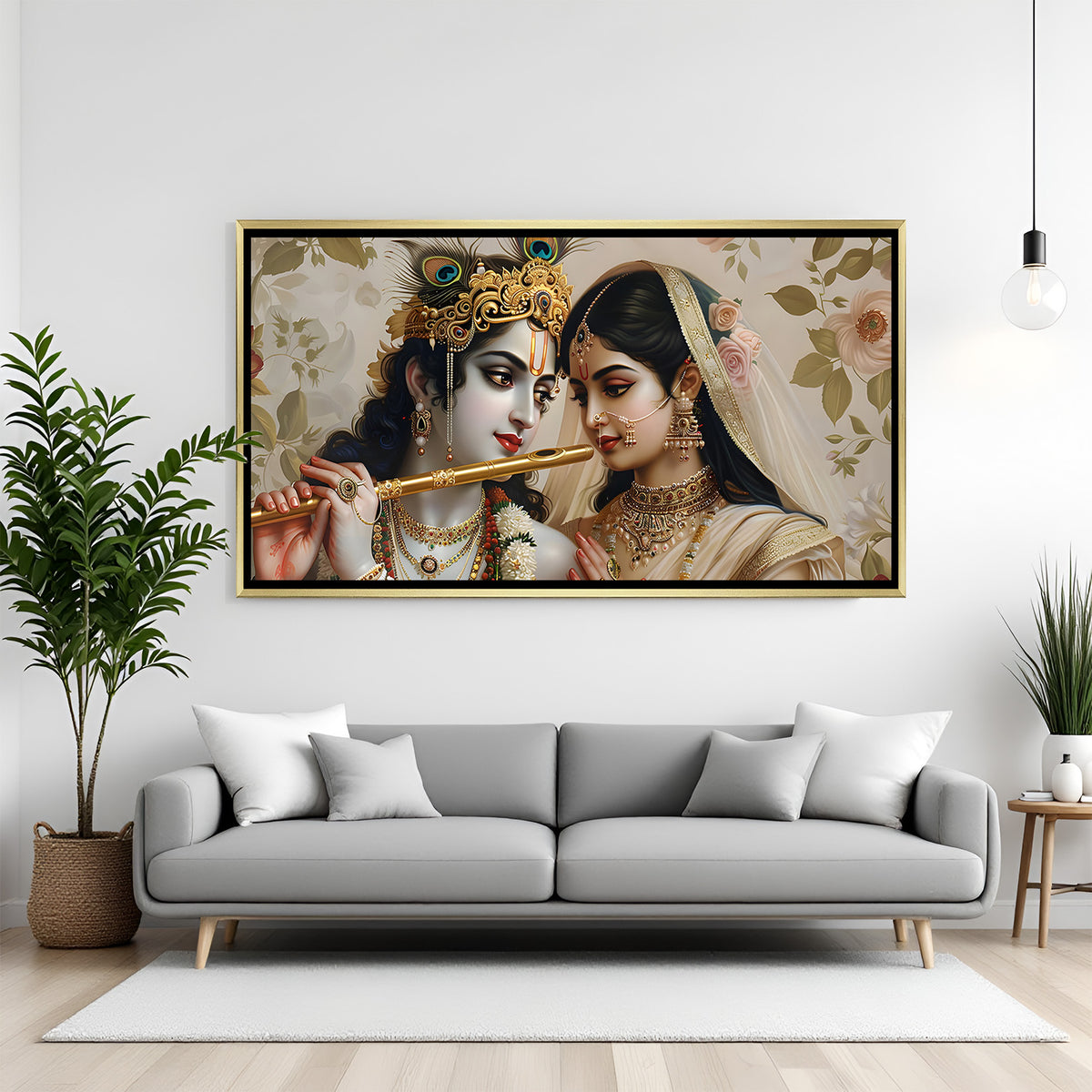 Luxury Radha Krishna wall art in gold frame featuring flute, floral backdrop, and traditional detailing.