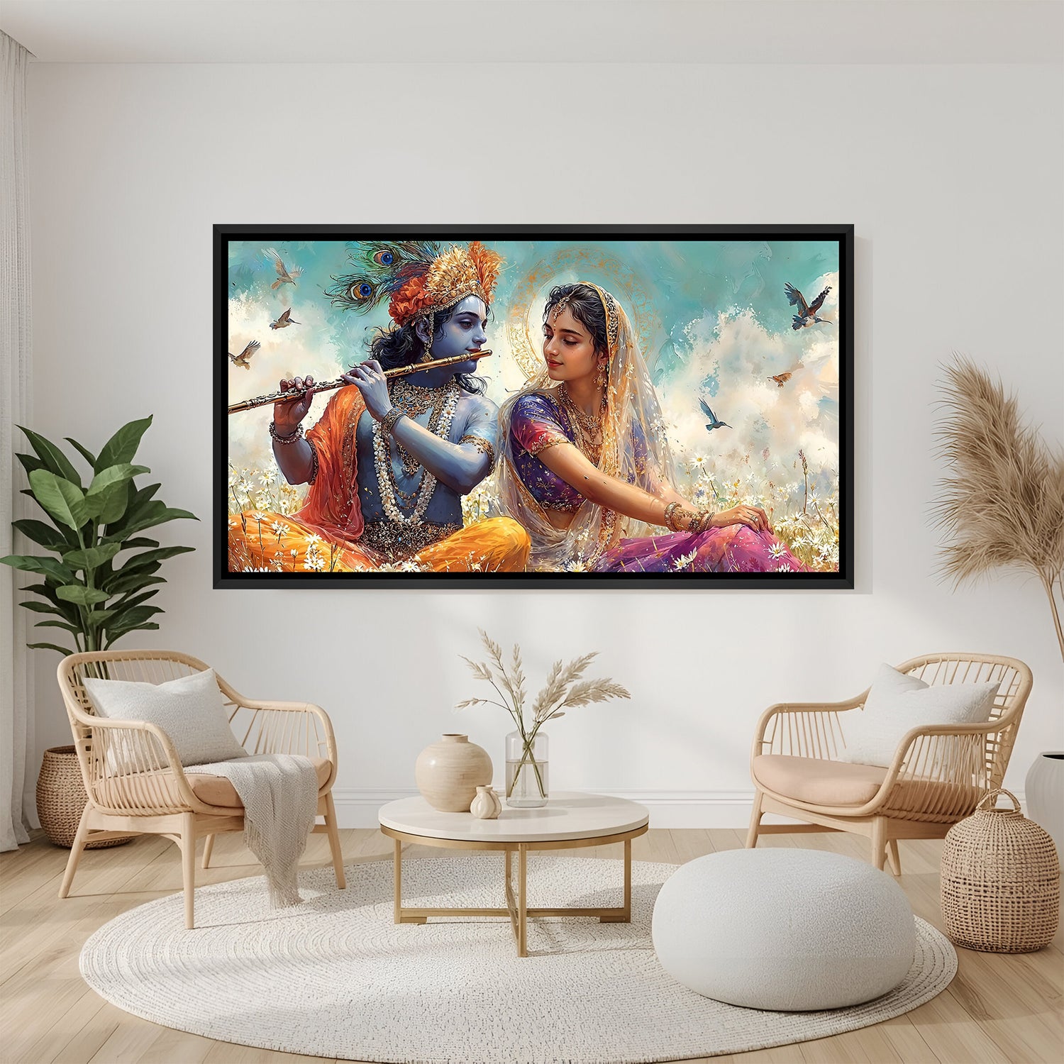 Radha Krishna canvas wall art with black floater frame
