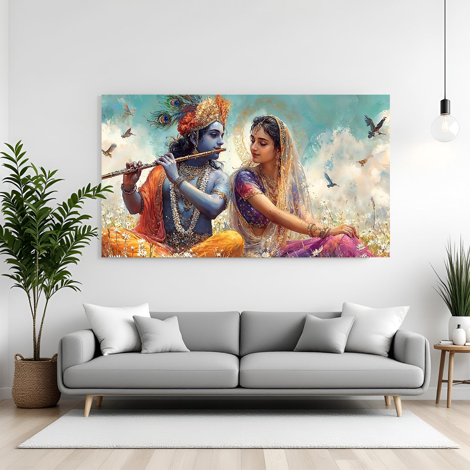 Radha Krishna playing flute canvas wall art for living room