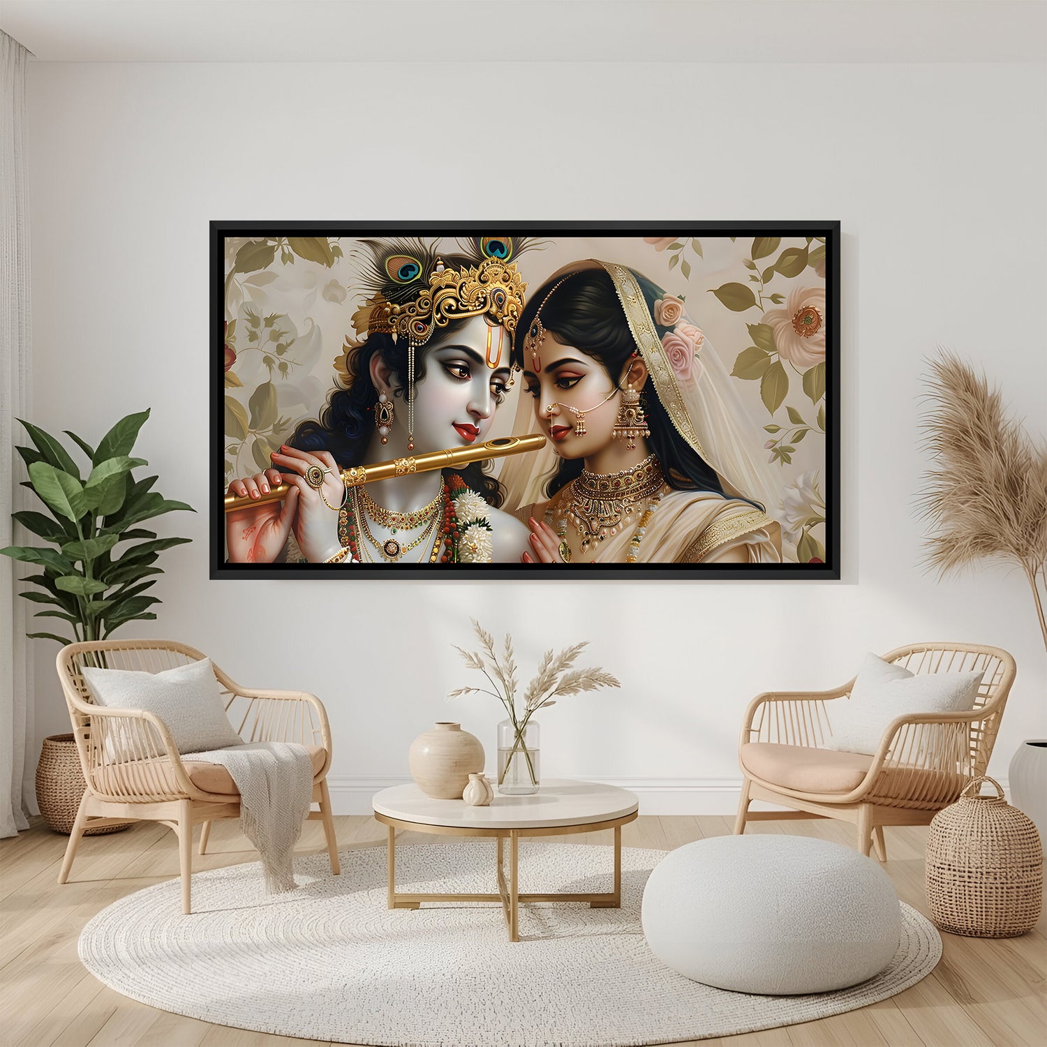 Elegant Radha Krishna devotional panorama in black frame displayed on teal wall.