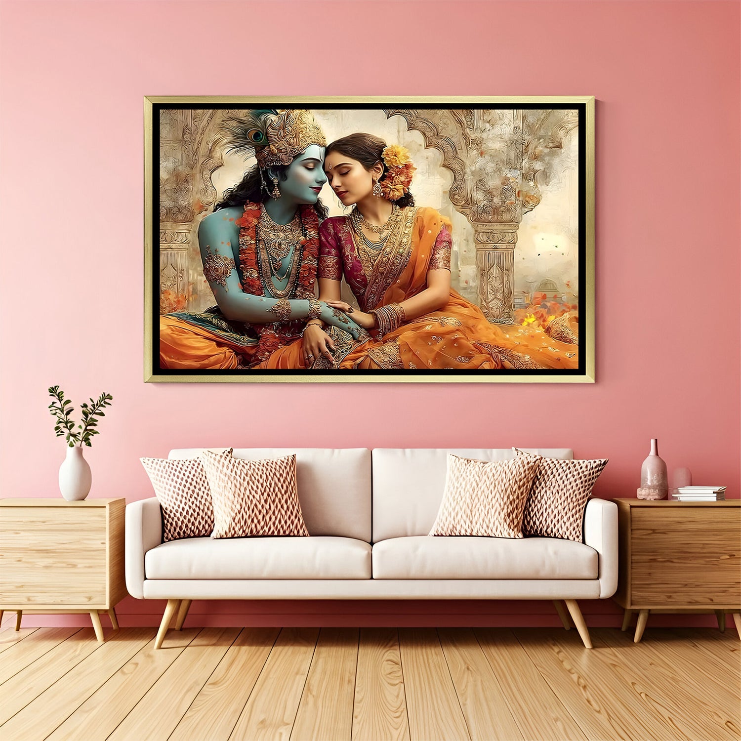 Elegant Radha Krishna wall decor in gold frame with traditional temple backdrop.