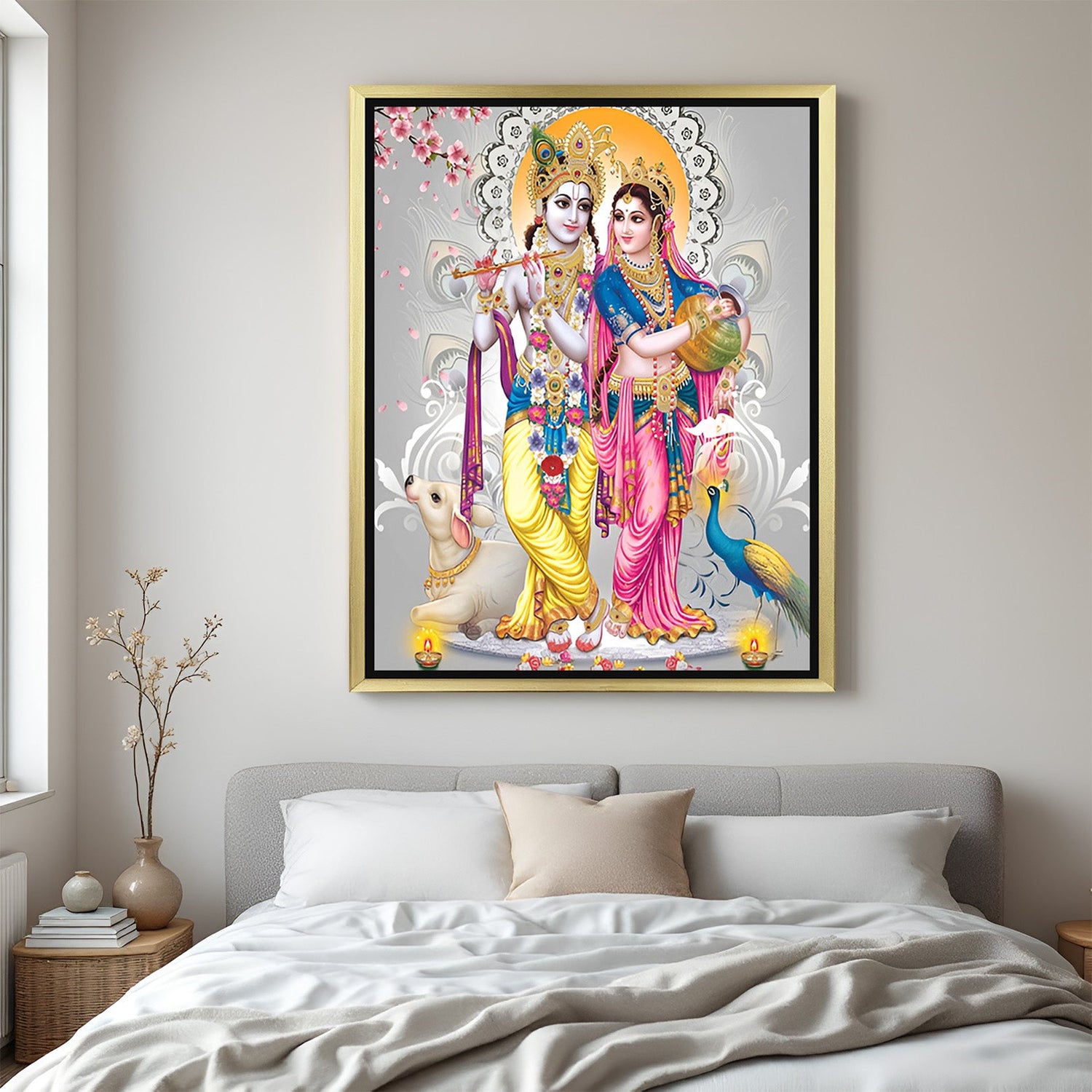 Golden frame Radha Krishna painting – Vastu canvas wall art for peaceful home interiors