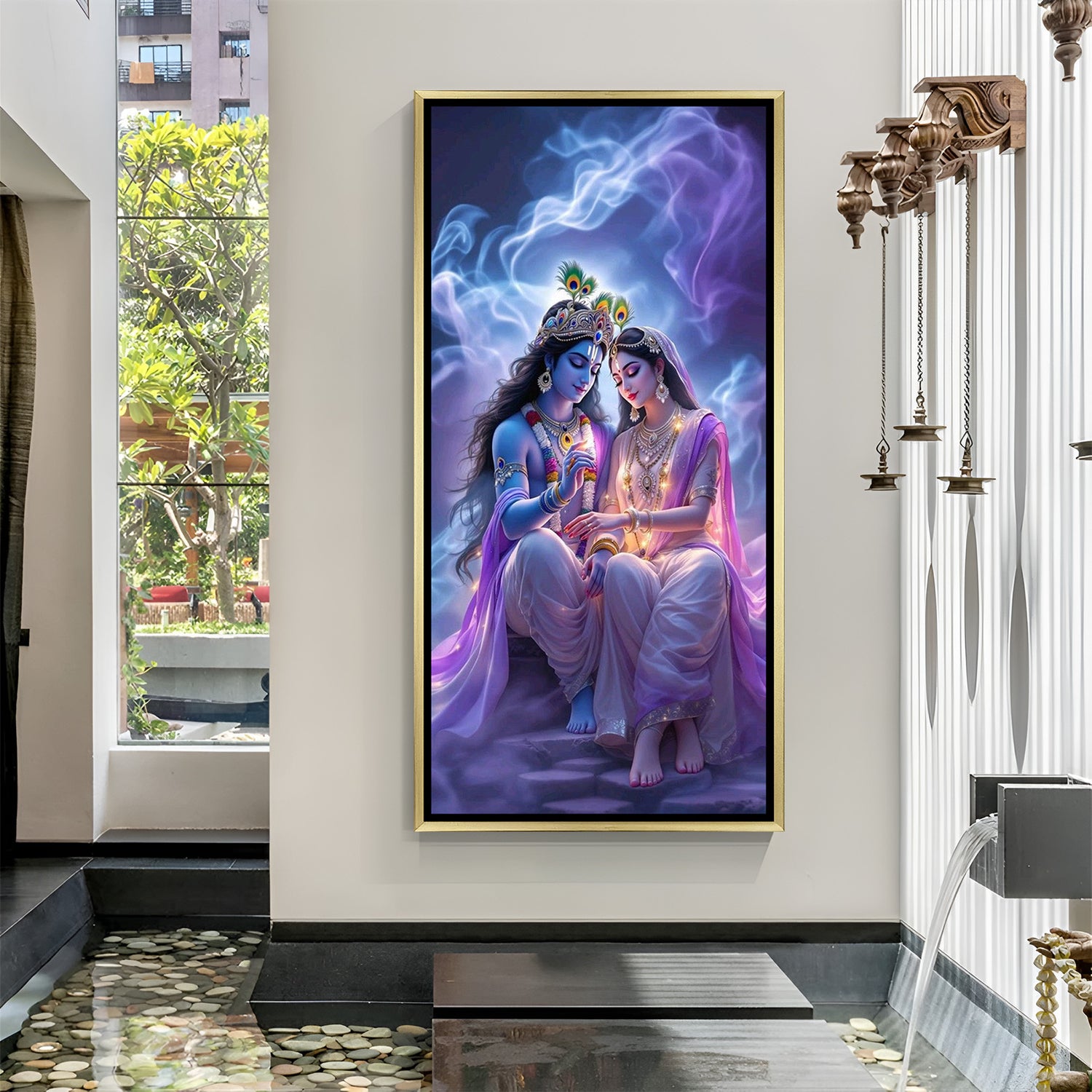 luxury radha krishna canvas with golden frame enhancing devotion romance peace and aesthetic beauty in home decor