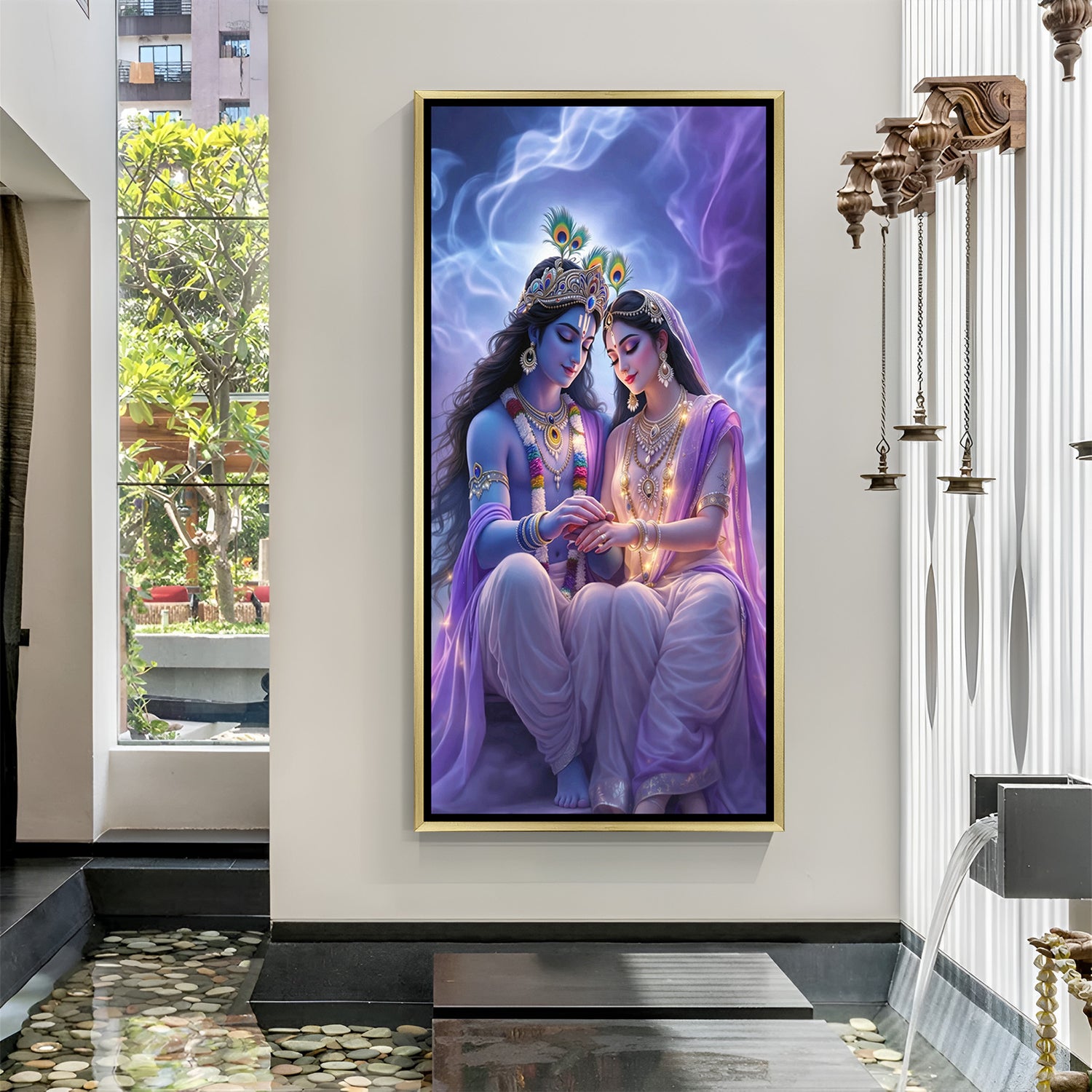luxury radha krishna canvas with golden frame enhancing devotion romance peace and aesthetic beauty in home decor