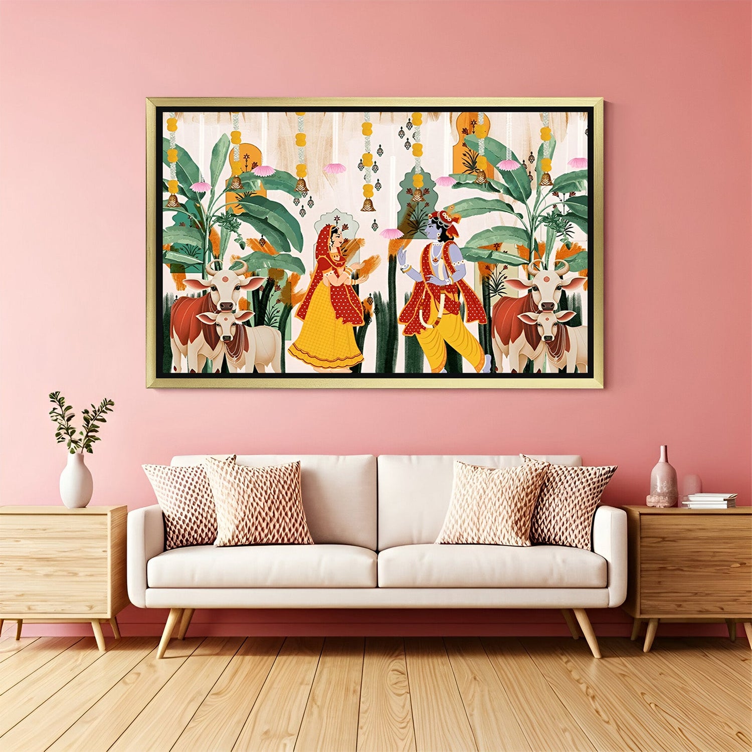 Golden frame Radha Krishna Vastu canvas wall art – divine Indian painting for home and office walls