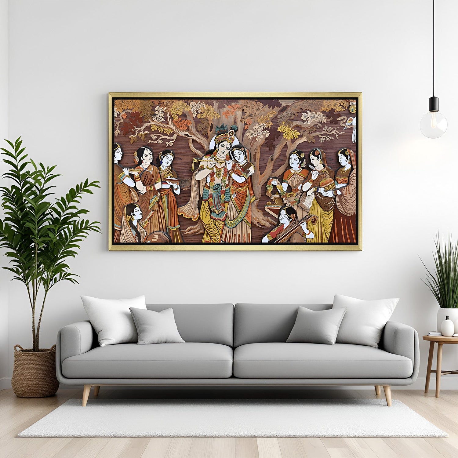 Golden frame Radha Krishna Vastu wall art – canvas painting for spiritual home decor