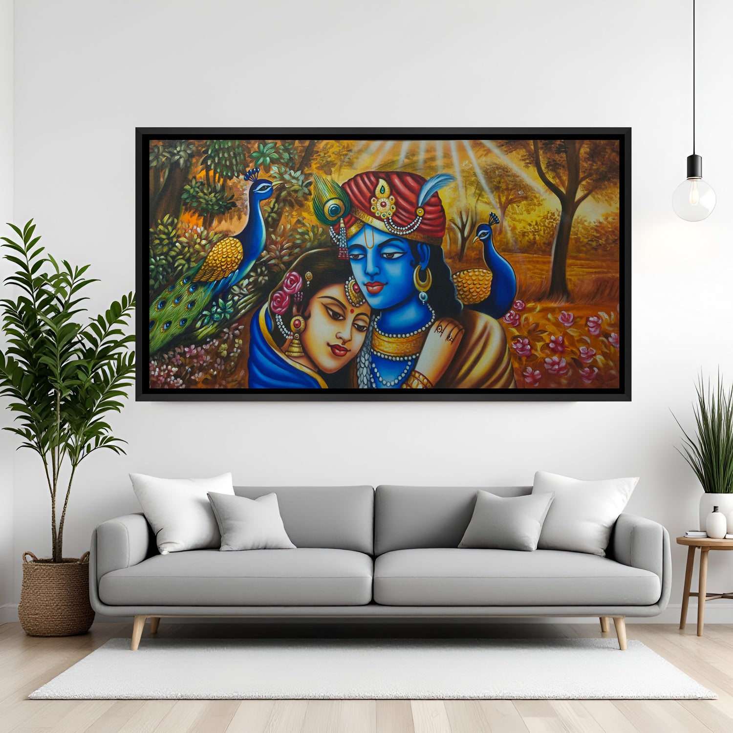 Radha Krishna hand painting in black floater frame with peacocks and divine sunlight – original spiritual artwork