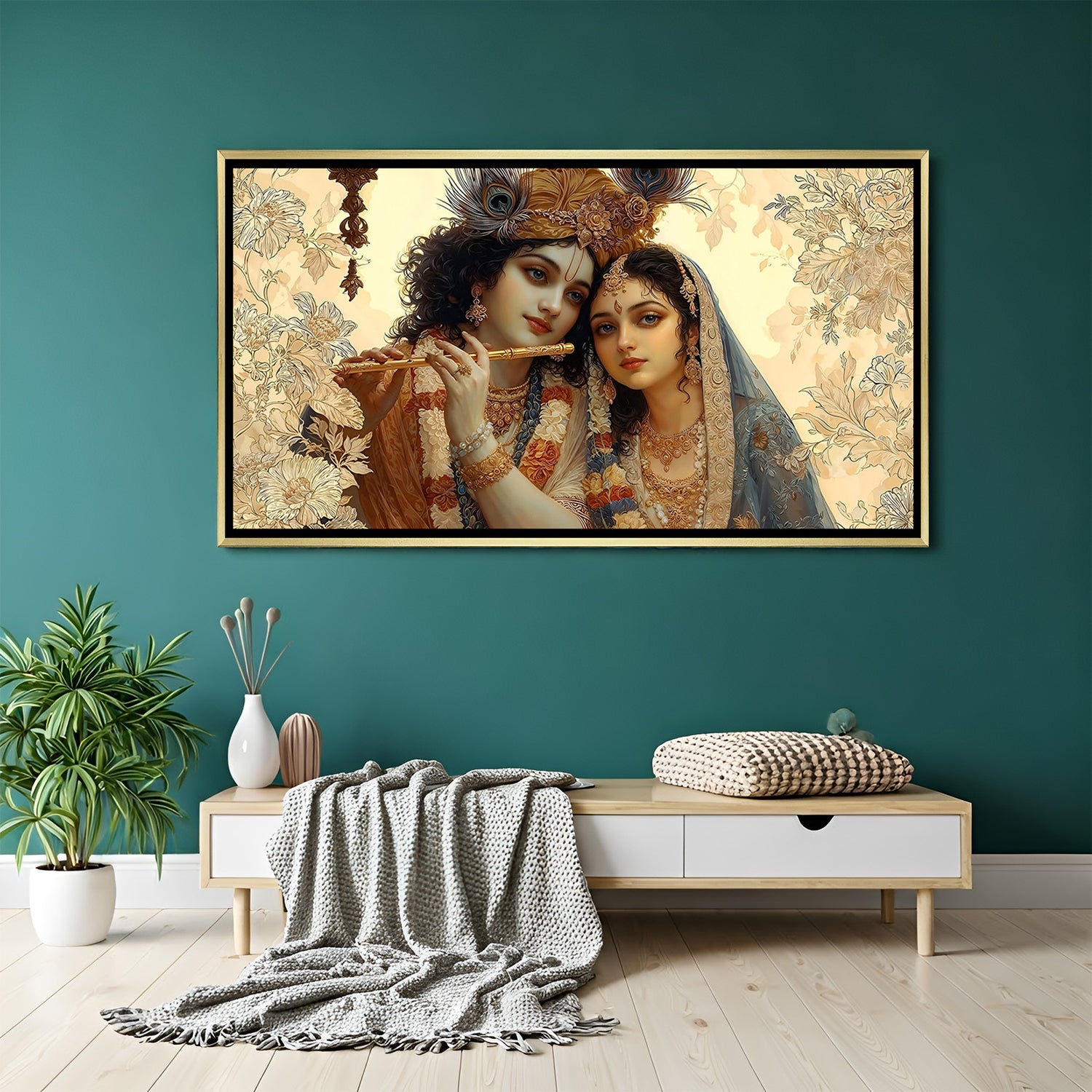 Radha Krishna canvas art with golden floater frame for spiritual home decor