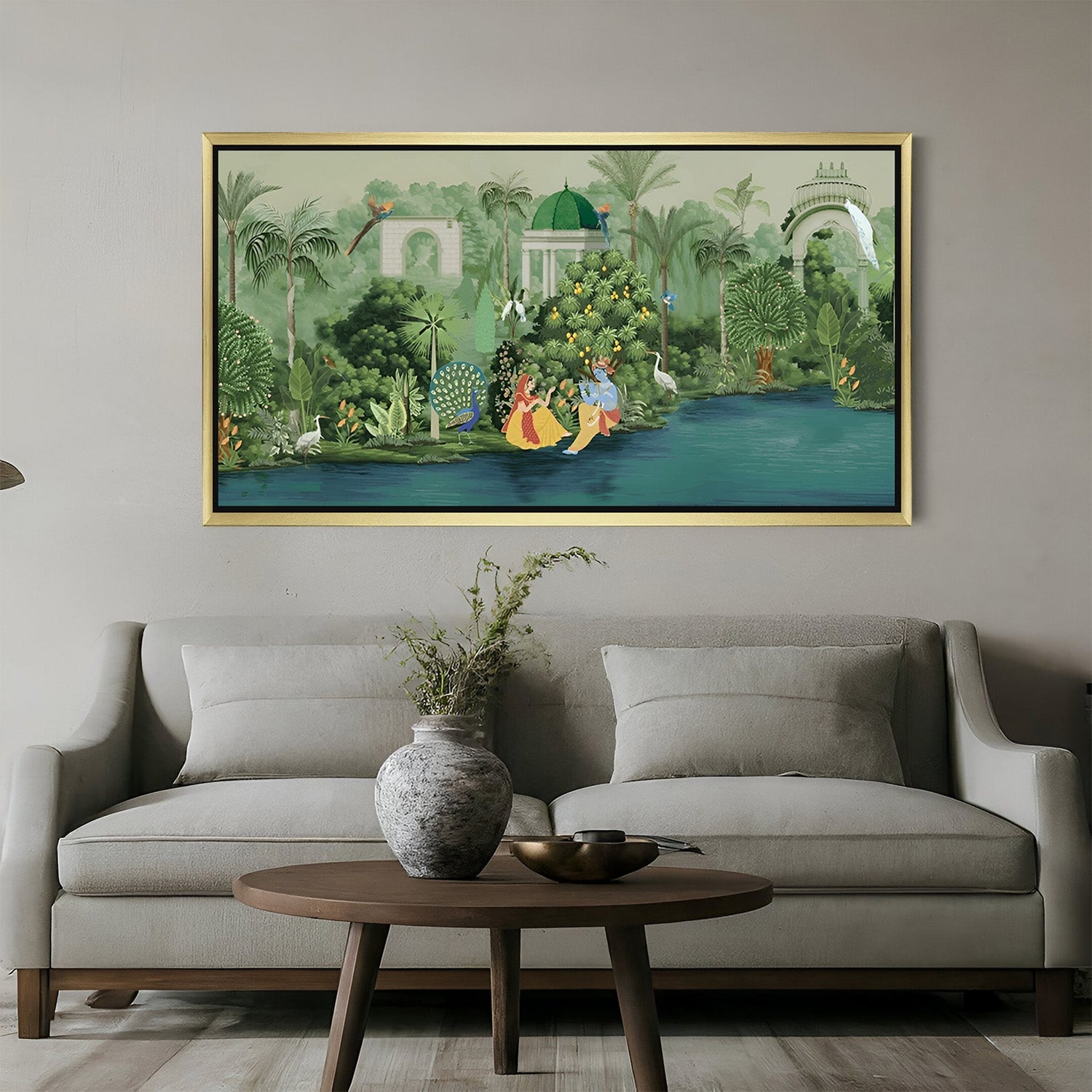 Golden frame Radha Krishna Ji canvas painting – spiritual Vastu wall art for peaceful home decor