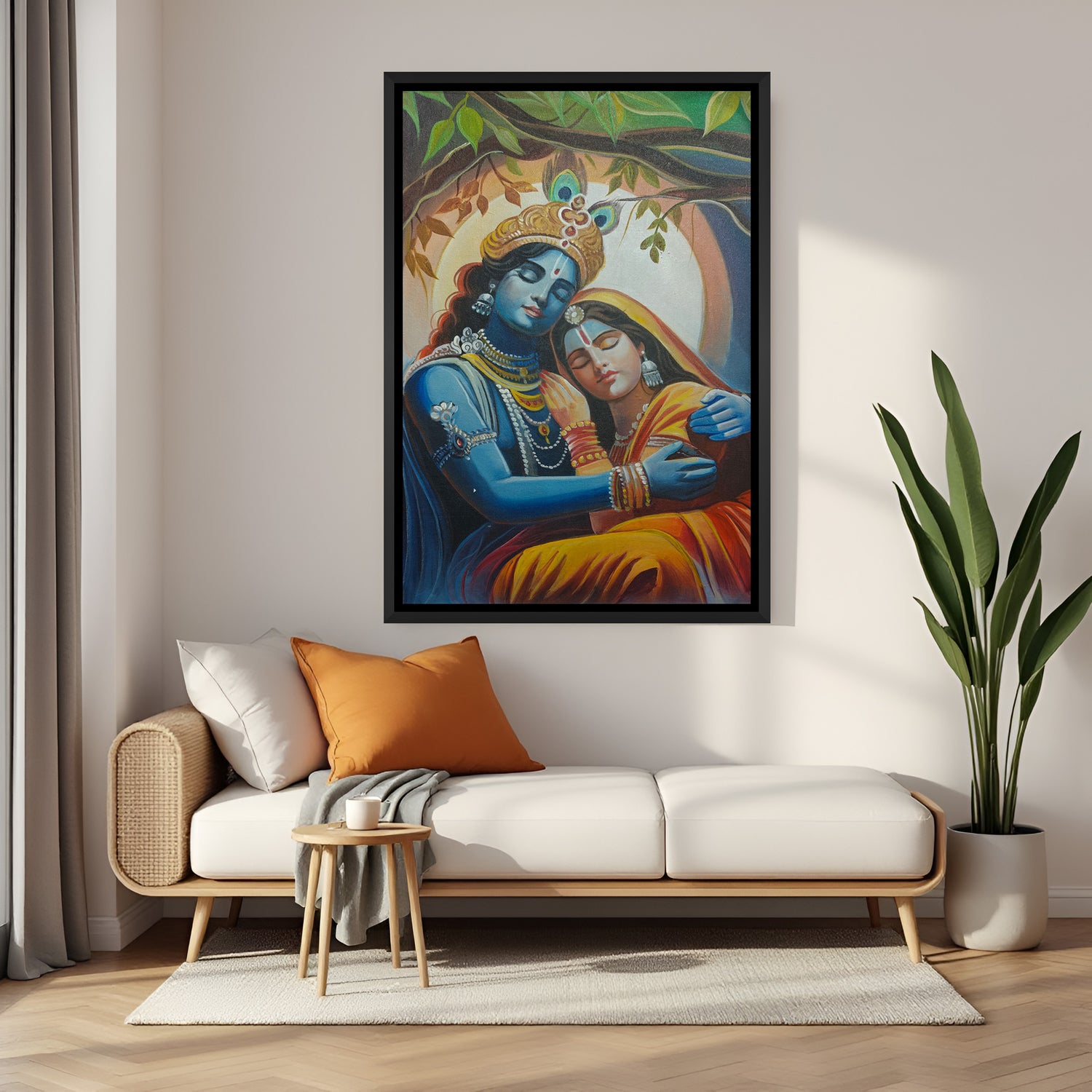 Radha Krishna hand painting in black floater frame – divine love canvas wall art symbolizing harmony and devotion