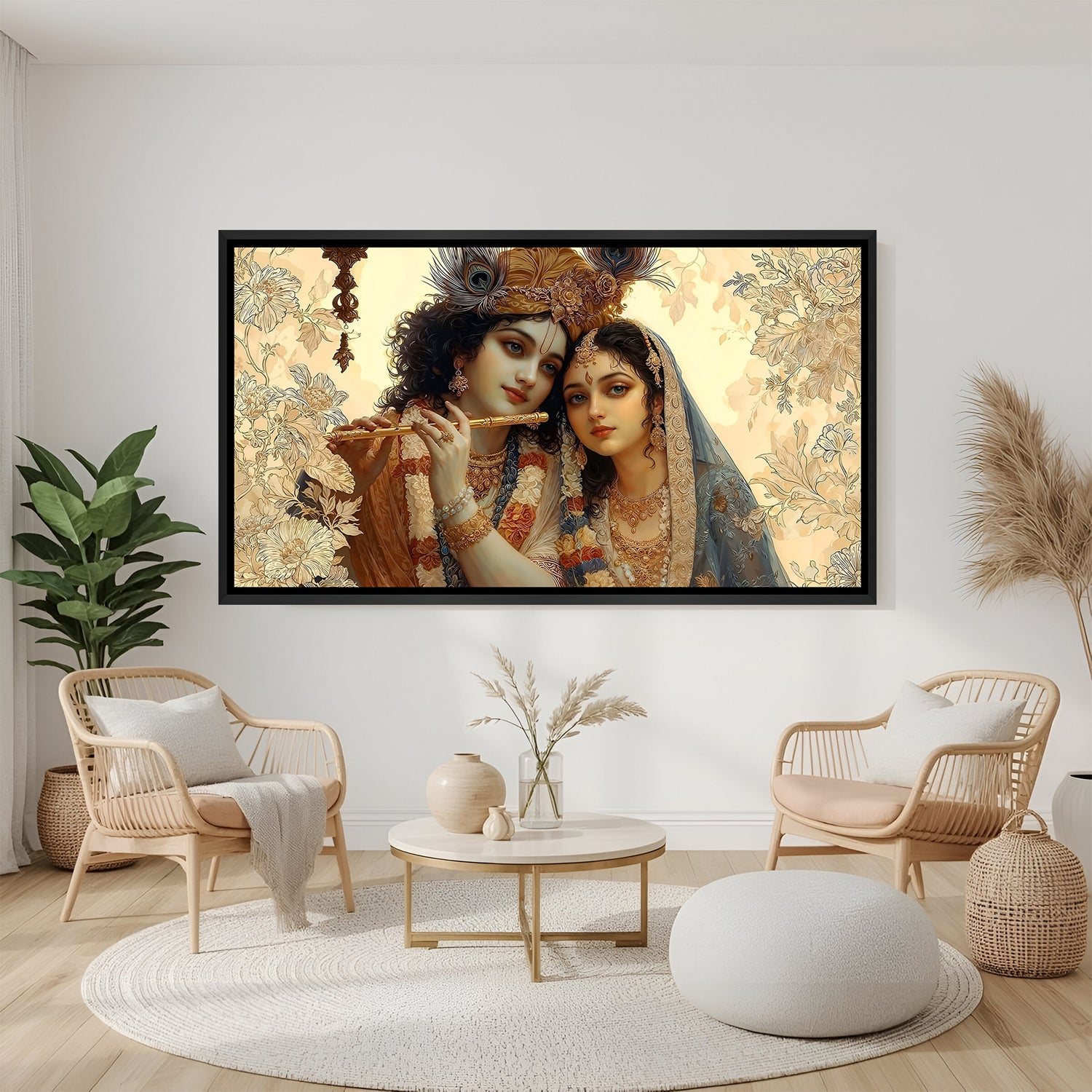 Radha Krishna wall painting in black floater frame for living room decor