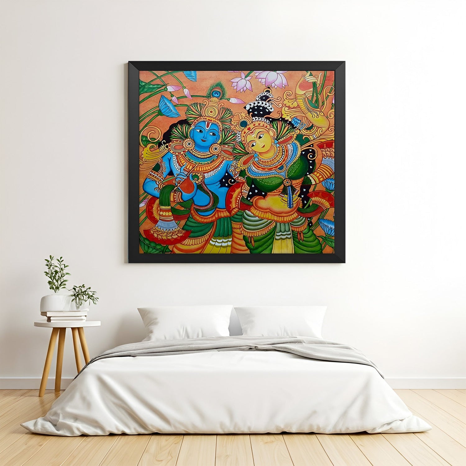 Radha Krishna Kerala mural canvas painting in black floater frame for Vastu-inspired interiors