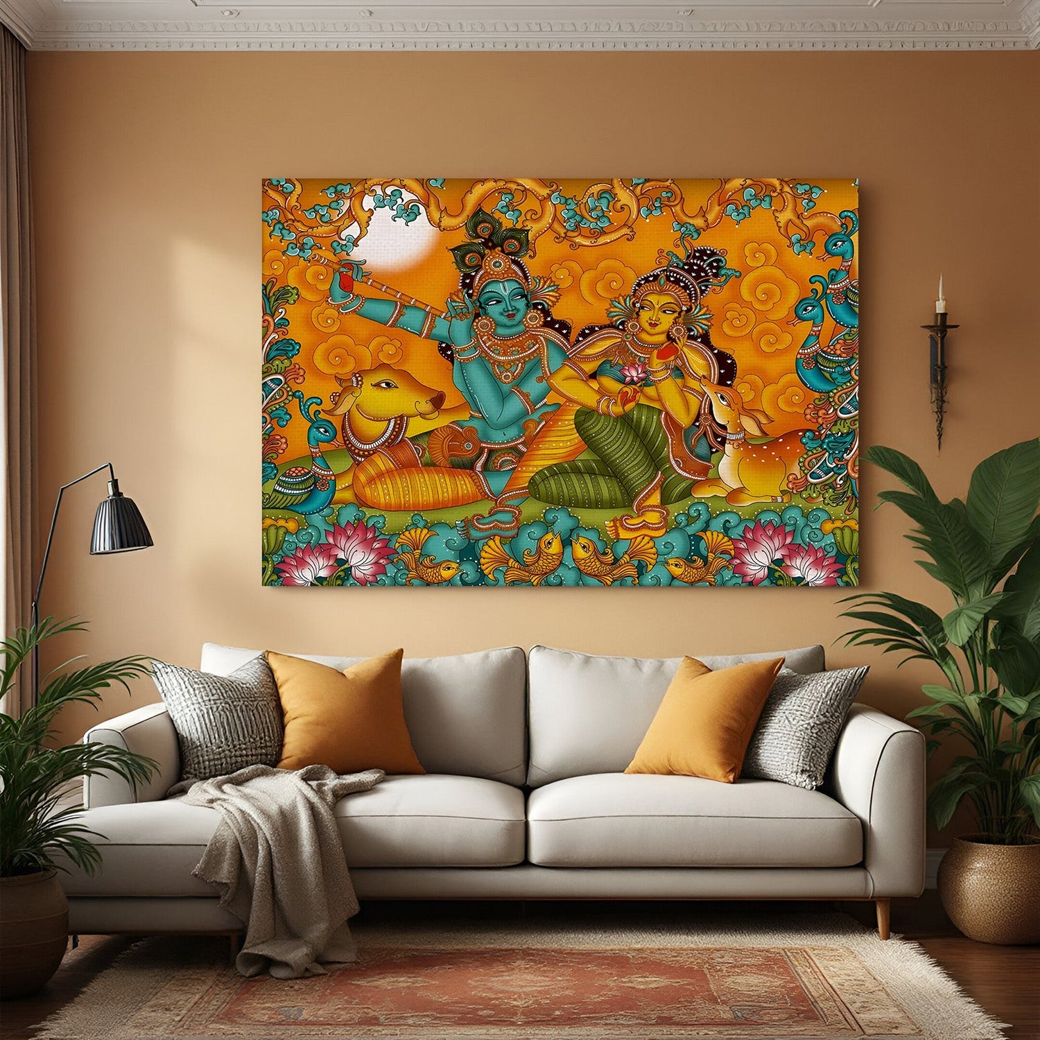 Radha Krishna Kerala mural canvas painting – spiritual South Indian art for traditional and devotional wall decor