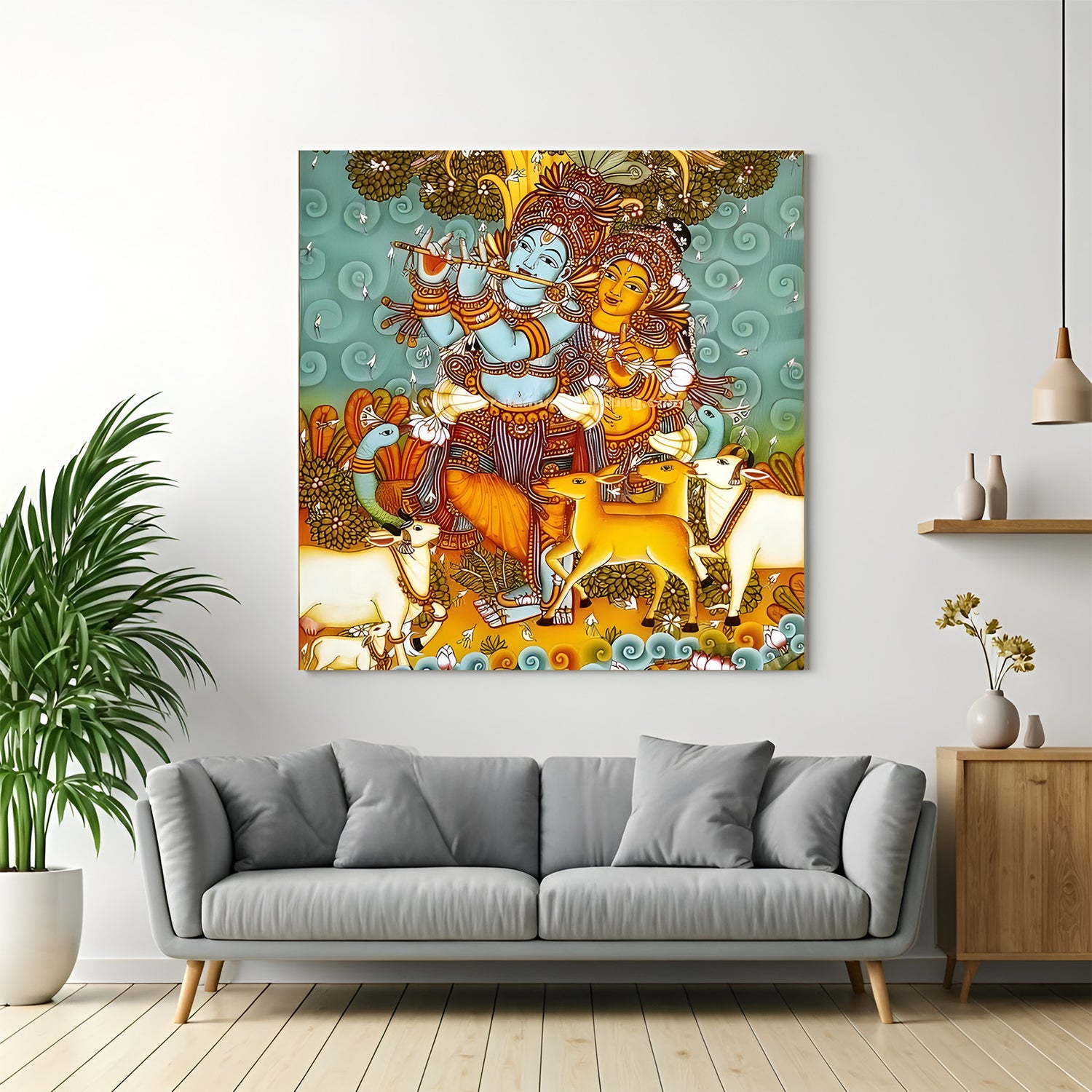 Radha Krishna Kerala mural canvas wall art in premium canvas wrapped frame with traditional South Indian detailing