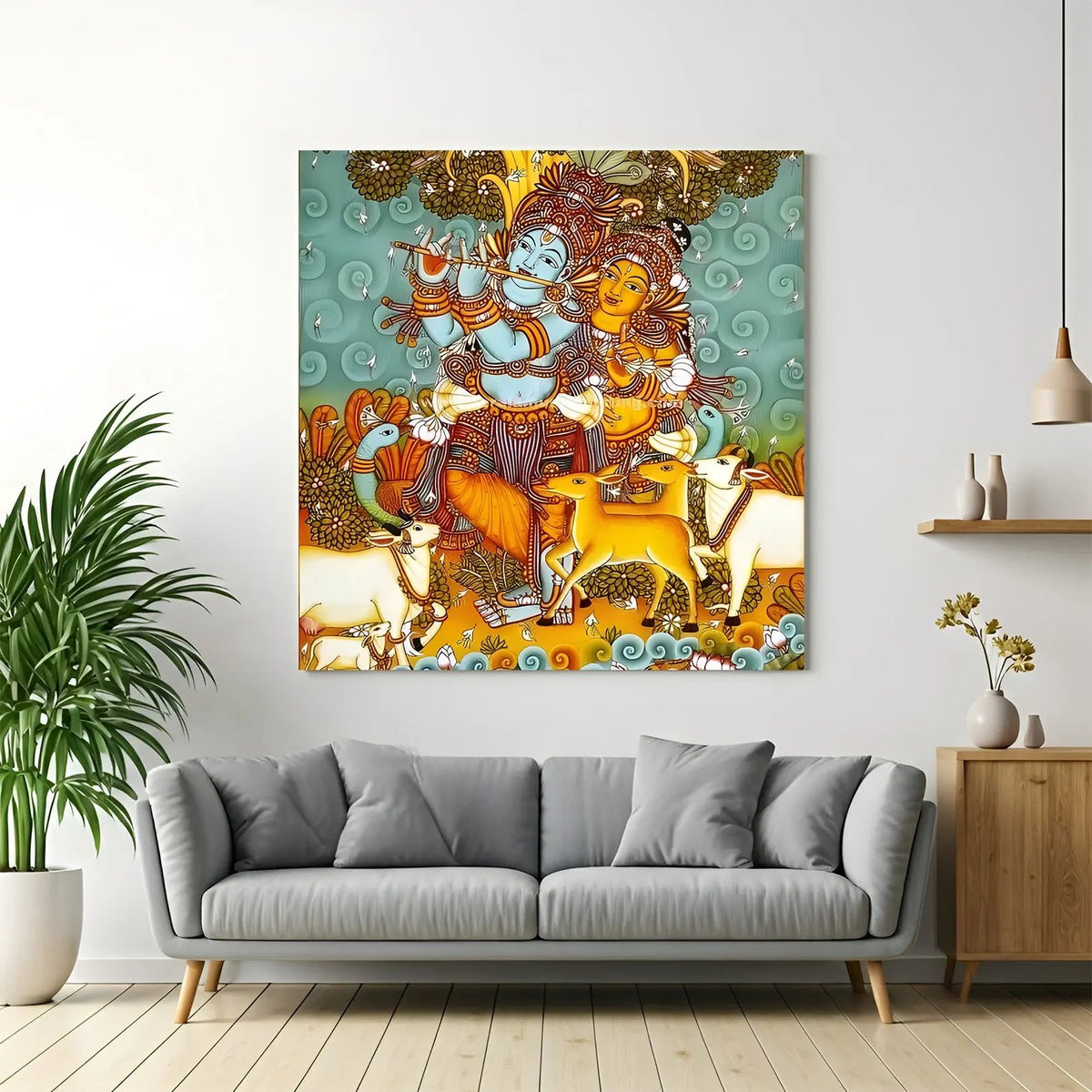 Radha Krishna Kerala mural canvas wall art in premium canvas wrapped frame with traditional South Indian detailing