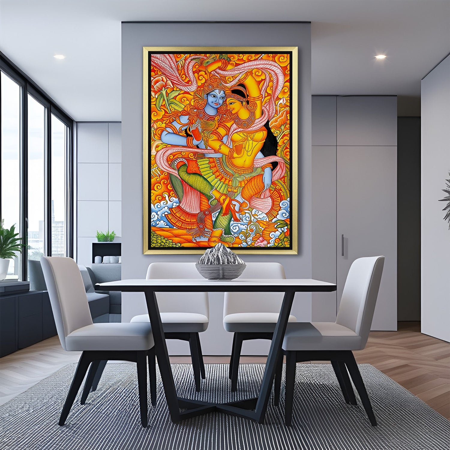 Golden floater frame Radha Krishna mural canvas painting in South Indian style for spiritual ethnic wall art in pooja room or home interiors