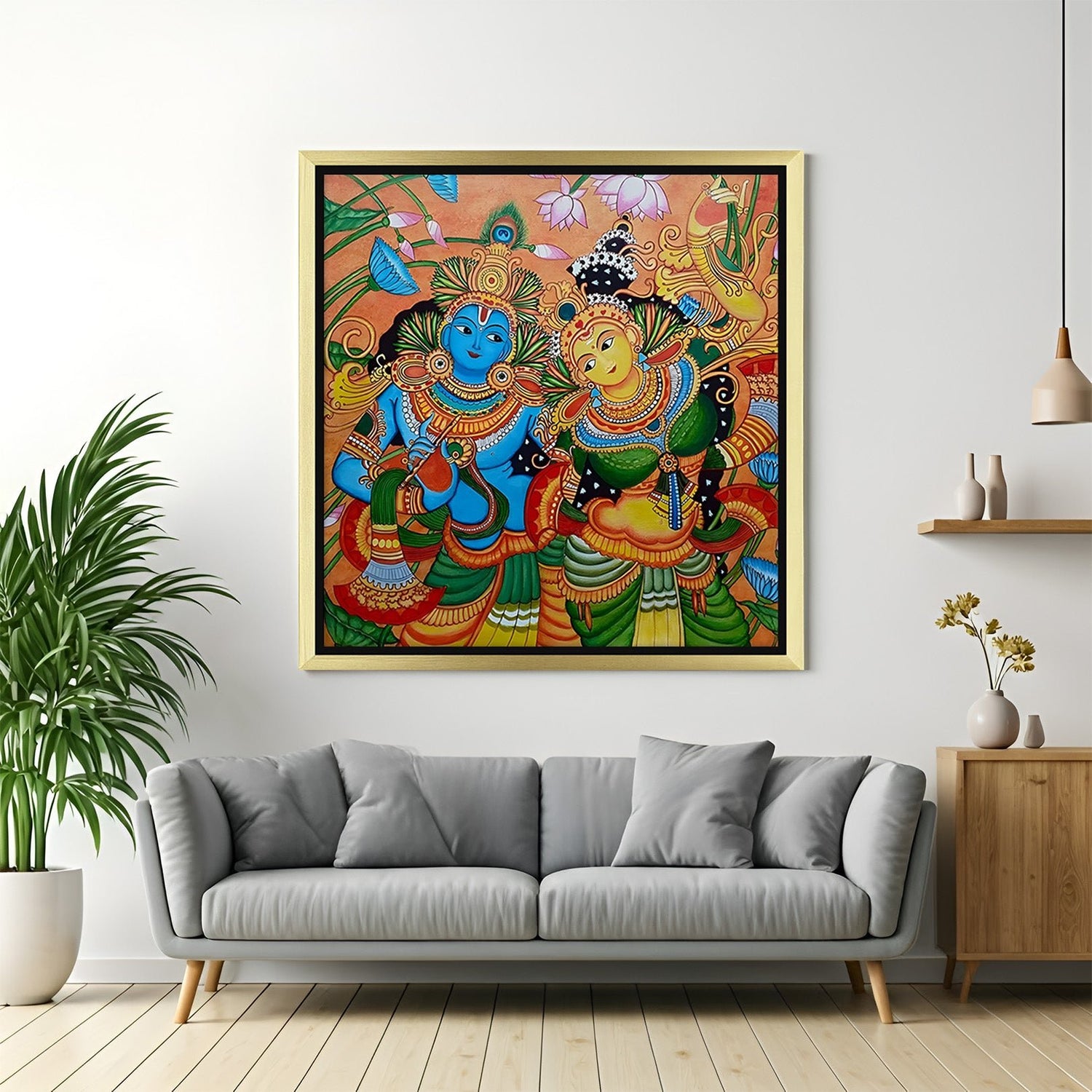 Radha Krishna Kerala mural canvas painting in golden floater frame for spiritual and ethnic home wall art