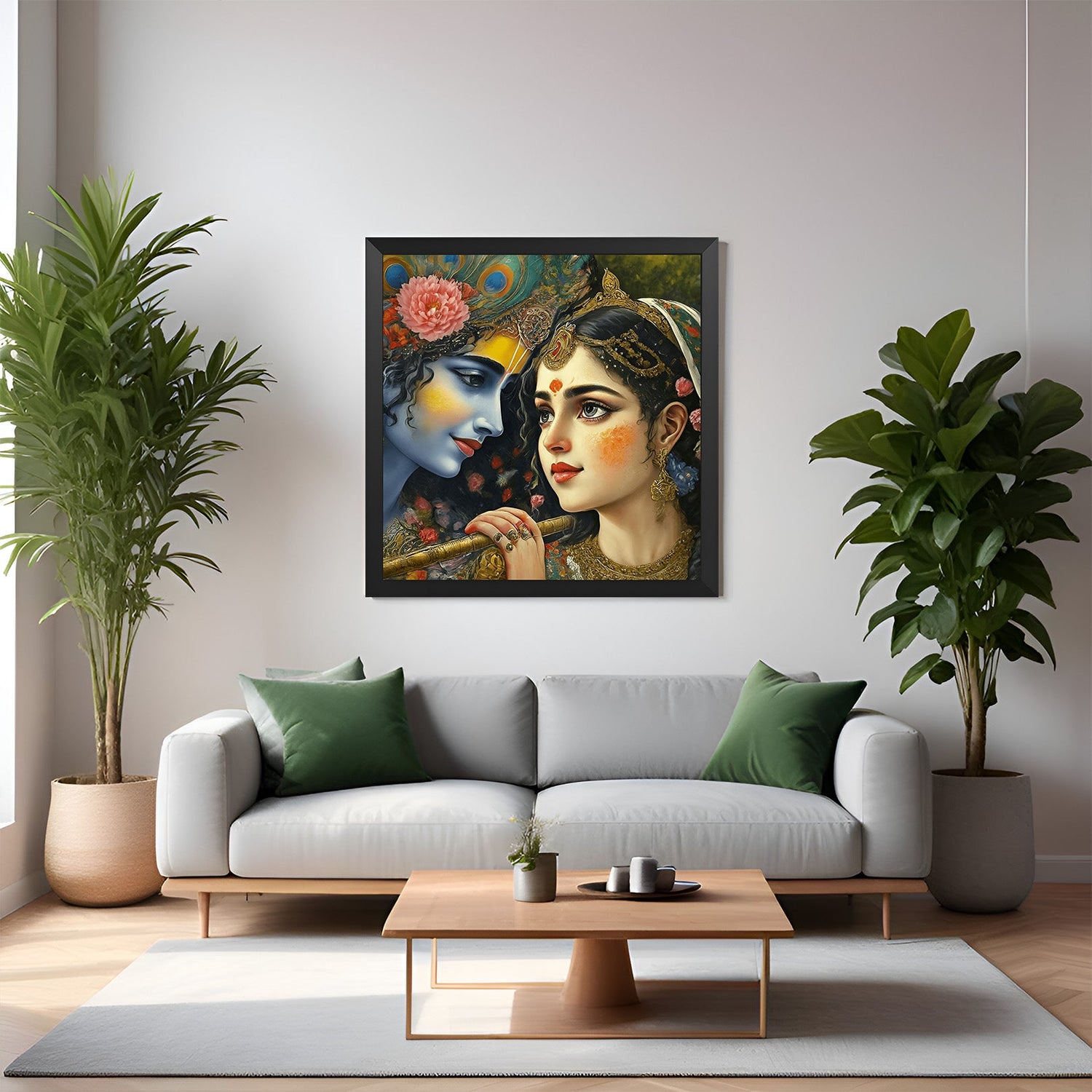 Radha Krishna Canvas Art in black floater frame for Vastu-compliant couple bedroom decor, encouraging love, trust, and spiritual connection