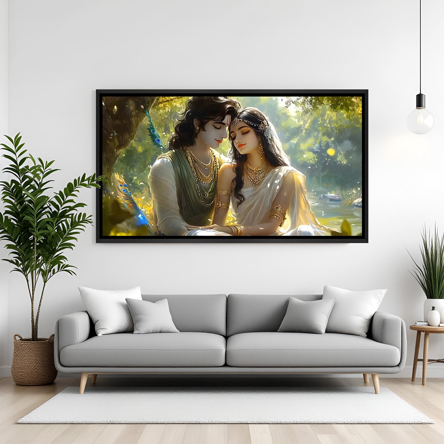 Radha Krishna devotional panorama artwork in black frame displayed on teal accent wall.