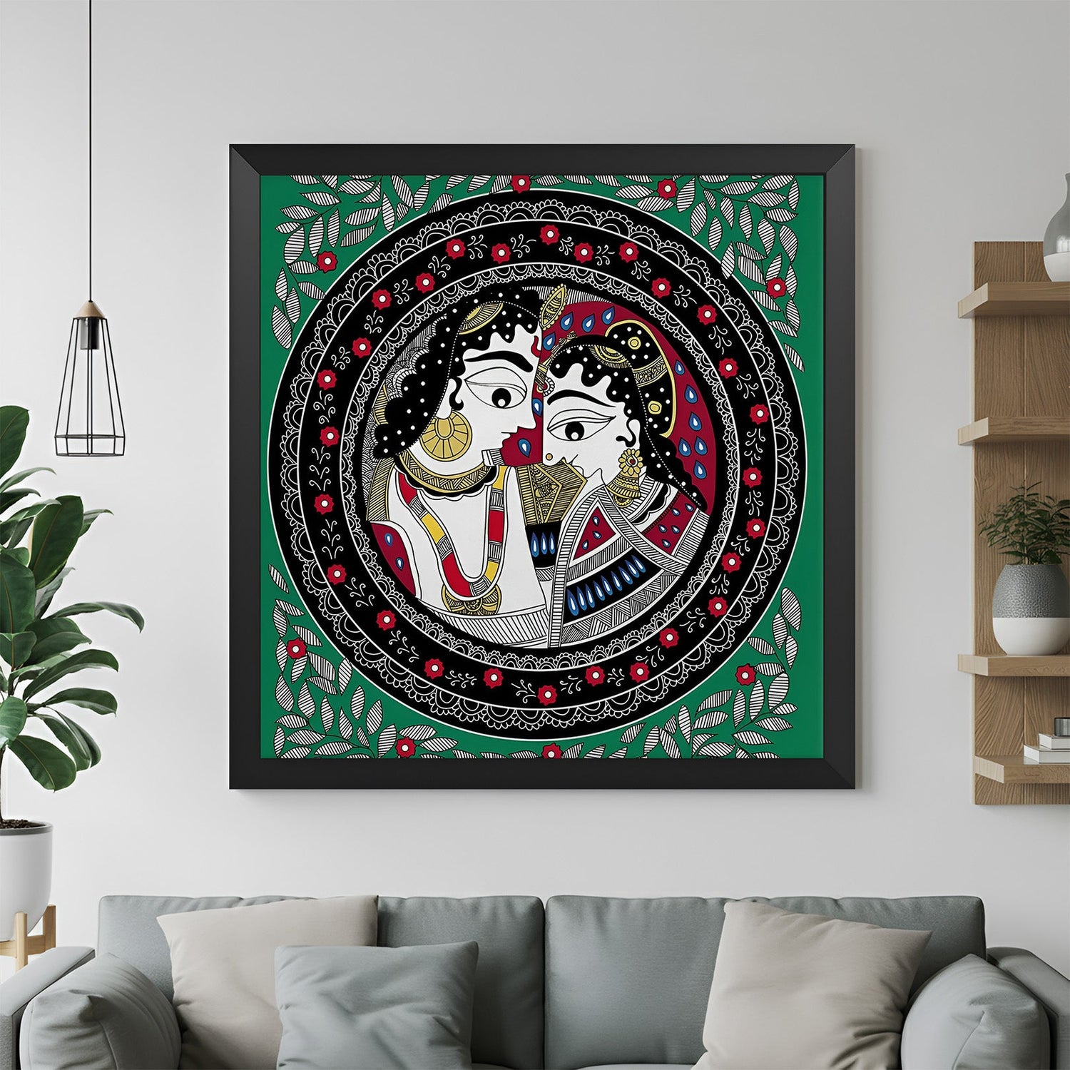 Radha Krishna Madhubani painting in black floater frame showcasing Eastern Indian folk art for classic decor