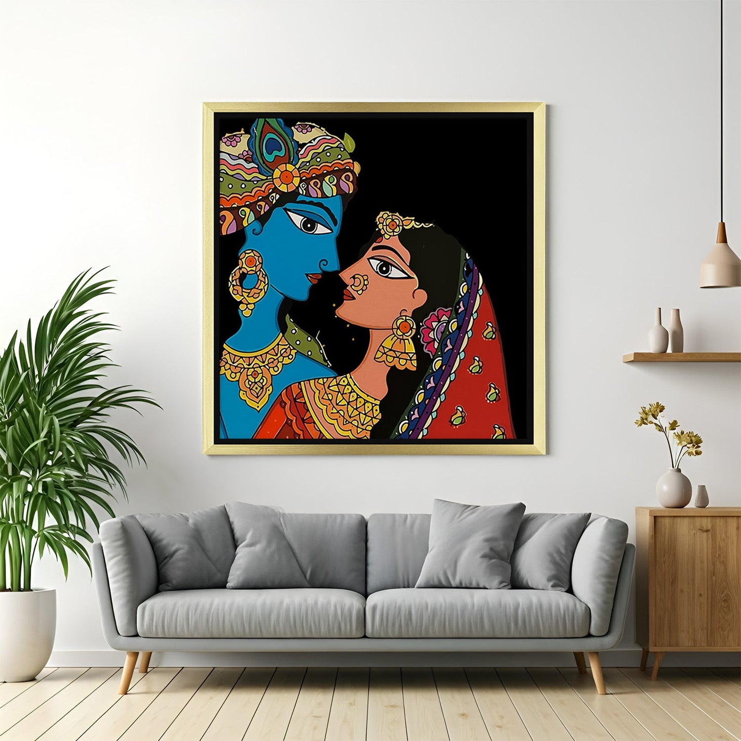 Golden frame Radha Krishna canvas painting in Madhubani style – spiritual and artistic Indian wall art for pooja room and ethnic spaces