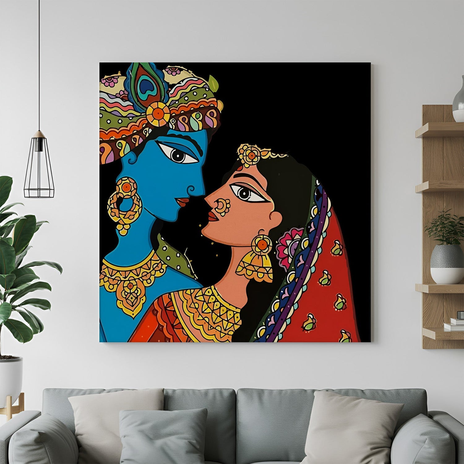 Radha Krishna Madhubani canvas painting – traditional Indian folk art wall decor for spiritual and ethnic interiors