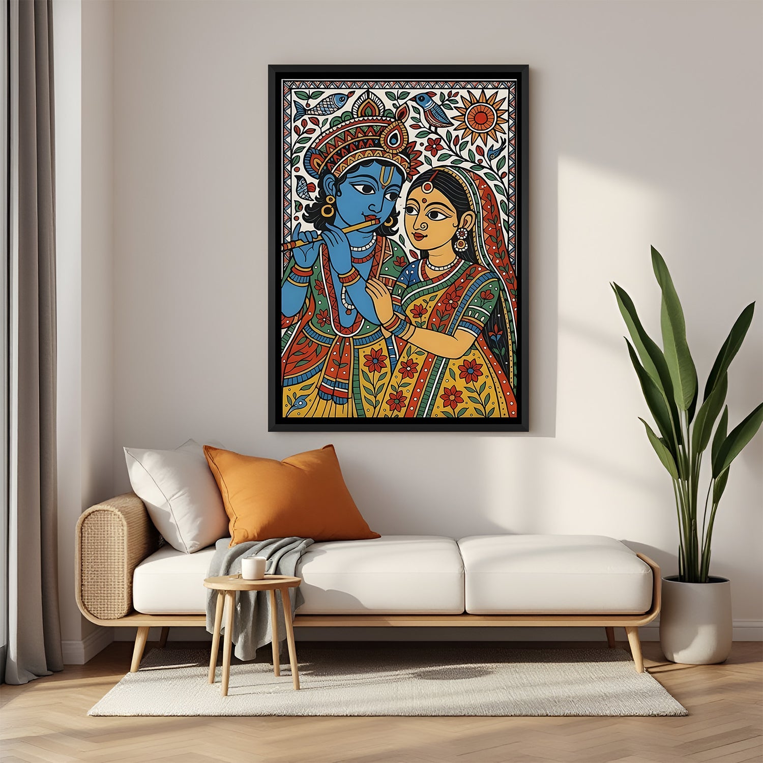 Radha Krishna playing flute Madhubani artwork in elegant black floater frame for spiritual home decor