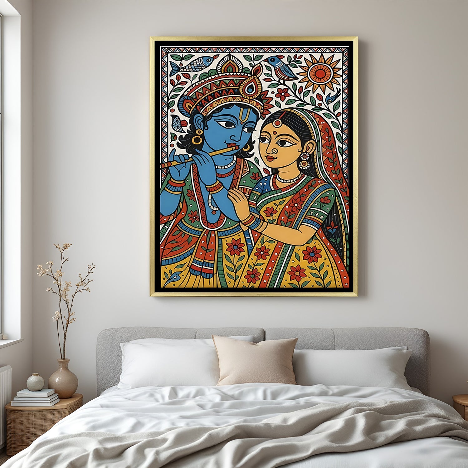 Divine Radha Krishna Madhubani painting canvas in golden floater frame with Krishna flute design